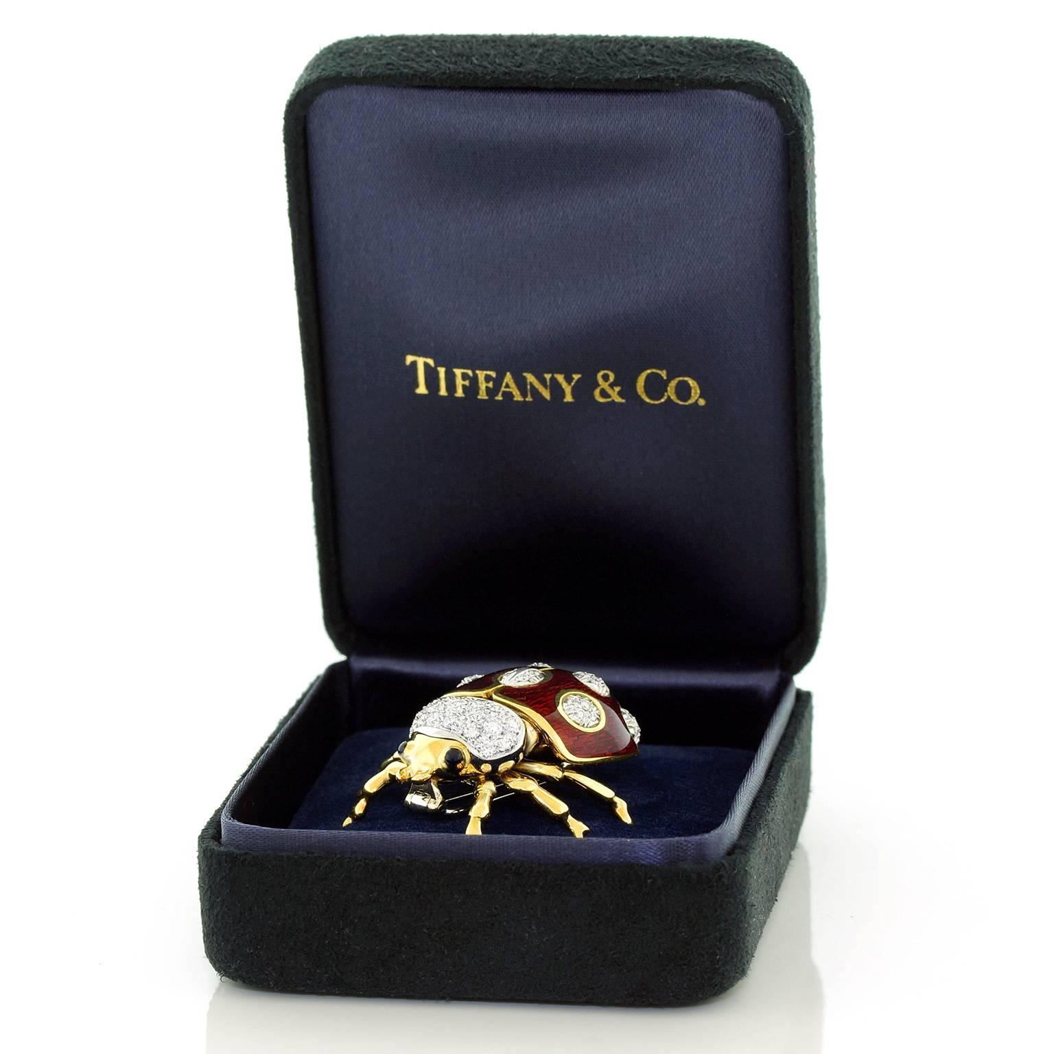 Women's or Men's Tiffany & Co. Enameled and Diamond Set Gold Lady Bug Brooch