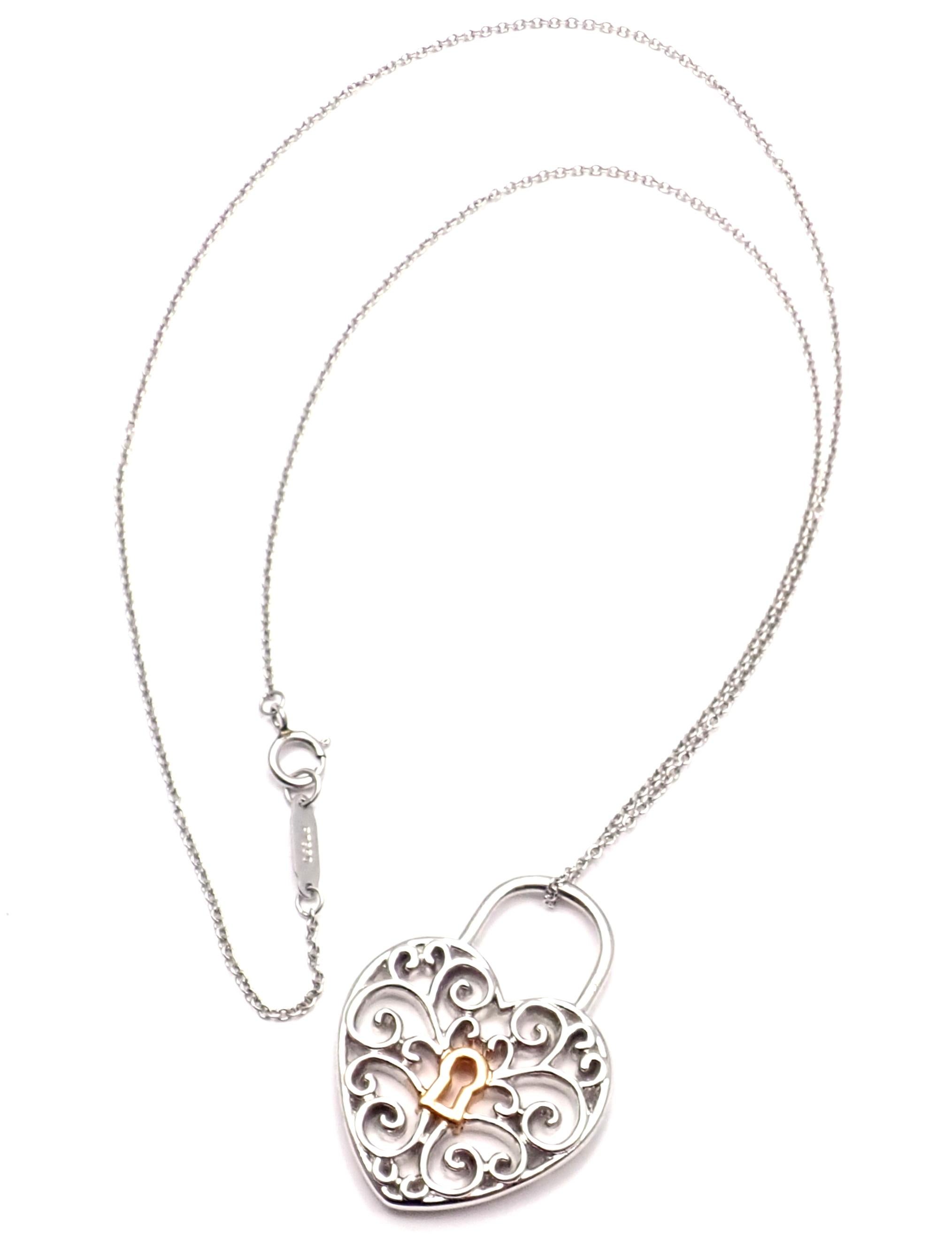 Tiffany & Co. Enchant Diamond Heart Lock Platinum Yellow Gold Pendant Necklace In Excellent Condition In Holland, PA