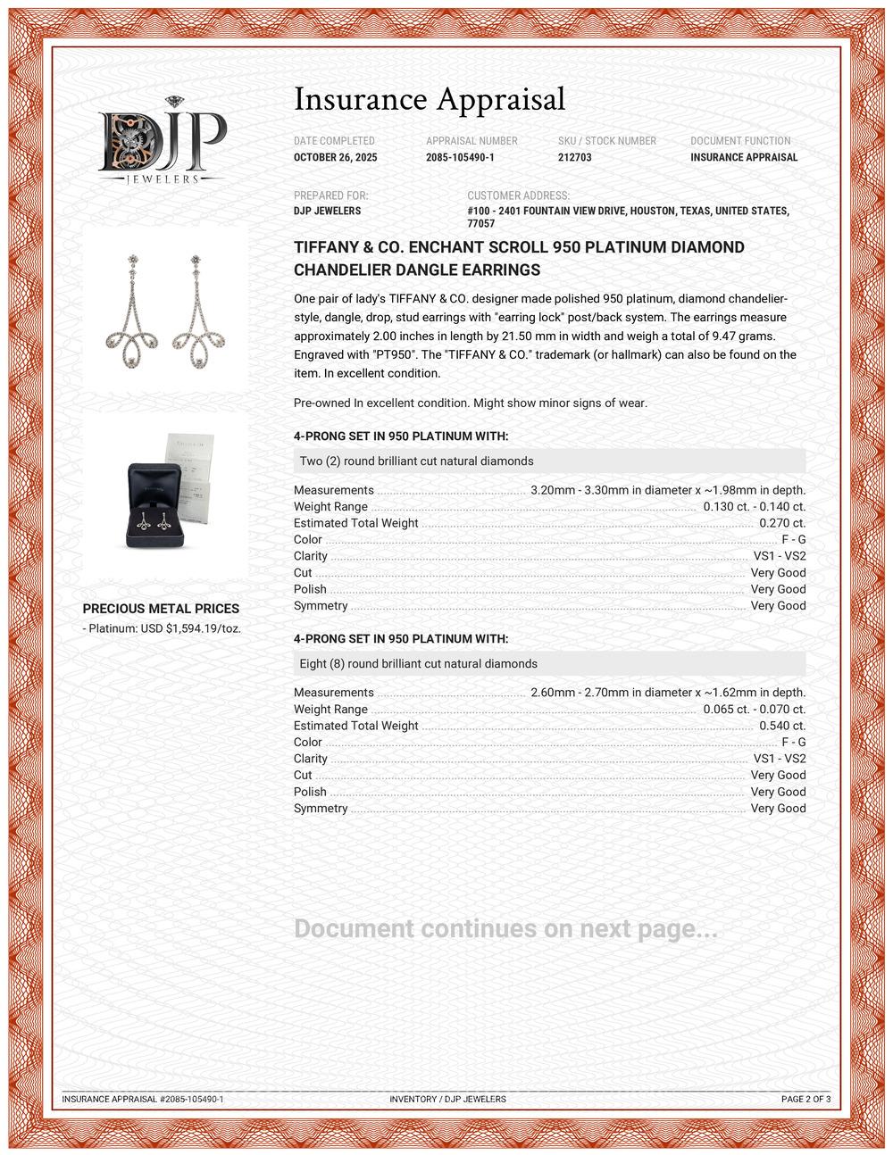 Tiffany & Co. Orecchini Enchant Scroll 950 in platino con diamanti a forma di lampadario in vendita 5