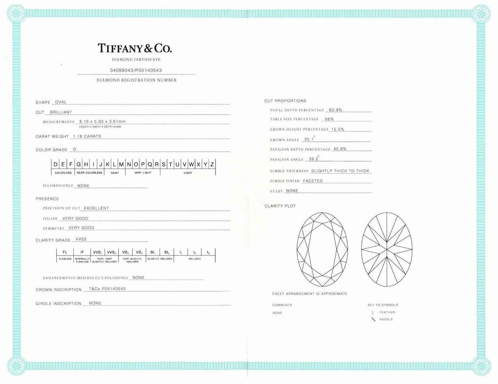 Women's or Men's Tiffany & Co. Platinum Diamond Engagement Ring Oval 1.18 Ct D VVS2 Excellent Cut