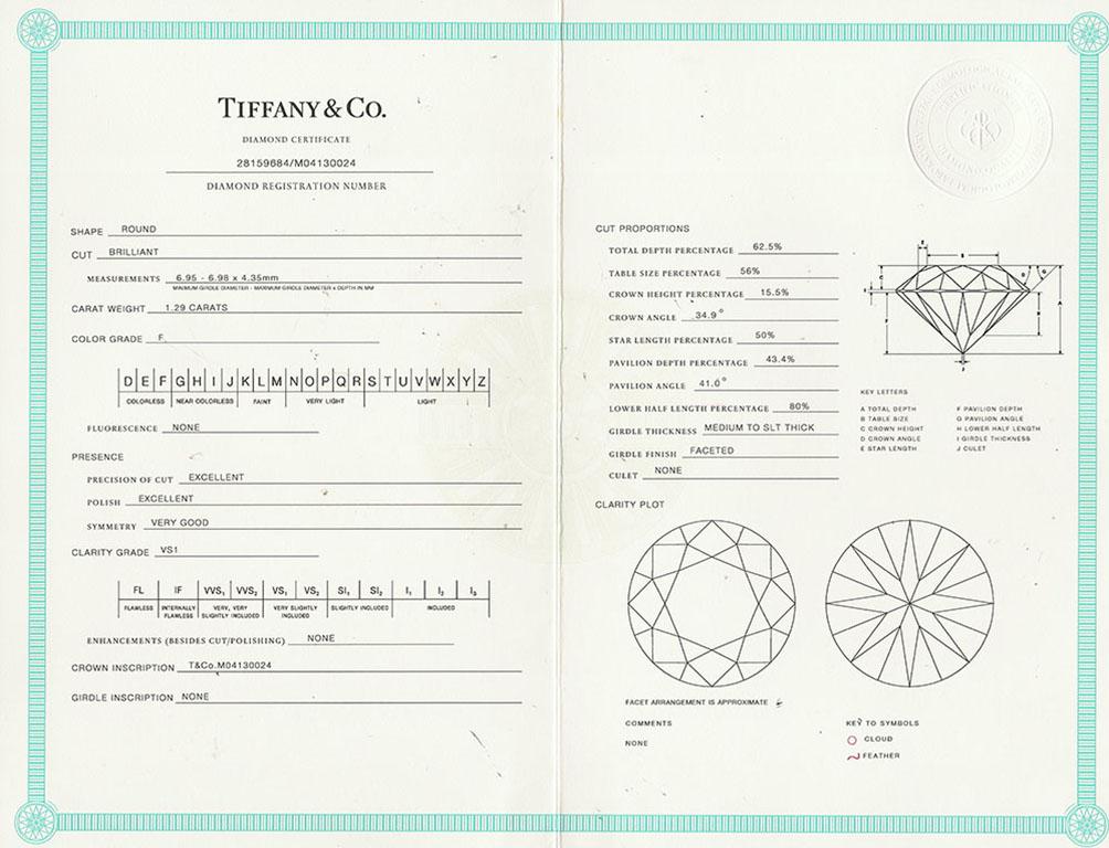 Tiffany & Co Engagement Ring 1.29ct F-VS1 Diamond Solitaire Platinum 5