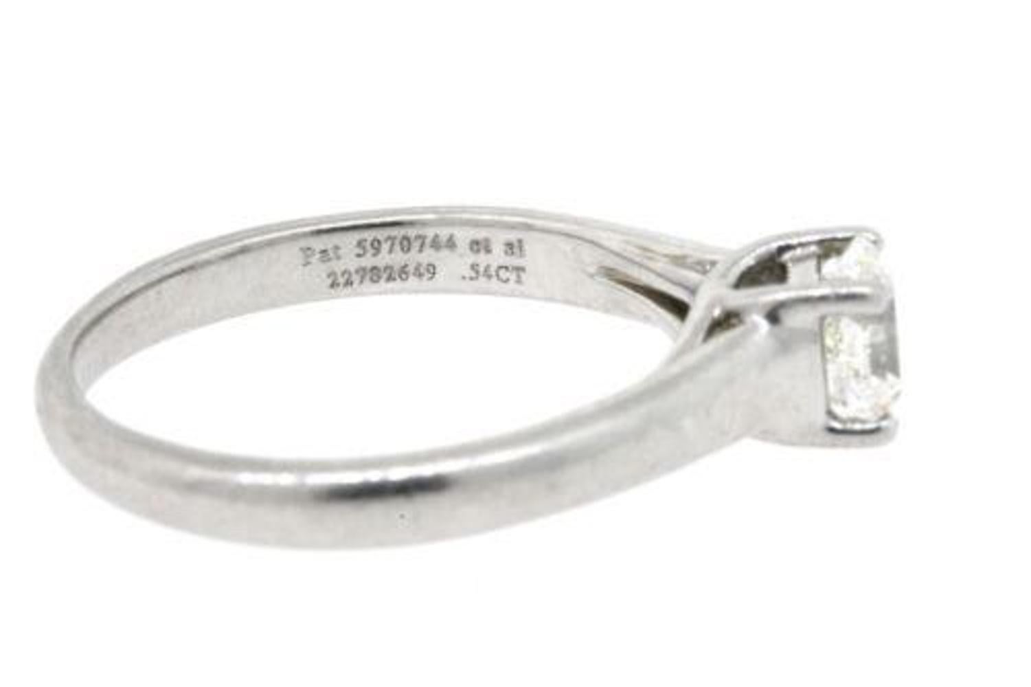 Women's Tiffany & Co. Engagement Ring .54ct I VVS2 Lucida  Platinum sz 5.5 1999 Cert Box For Sale