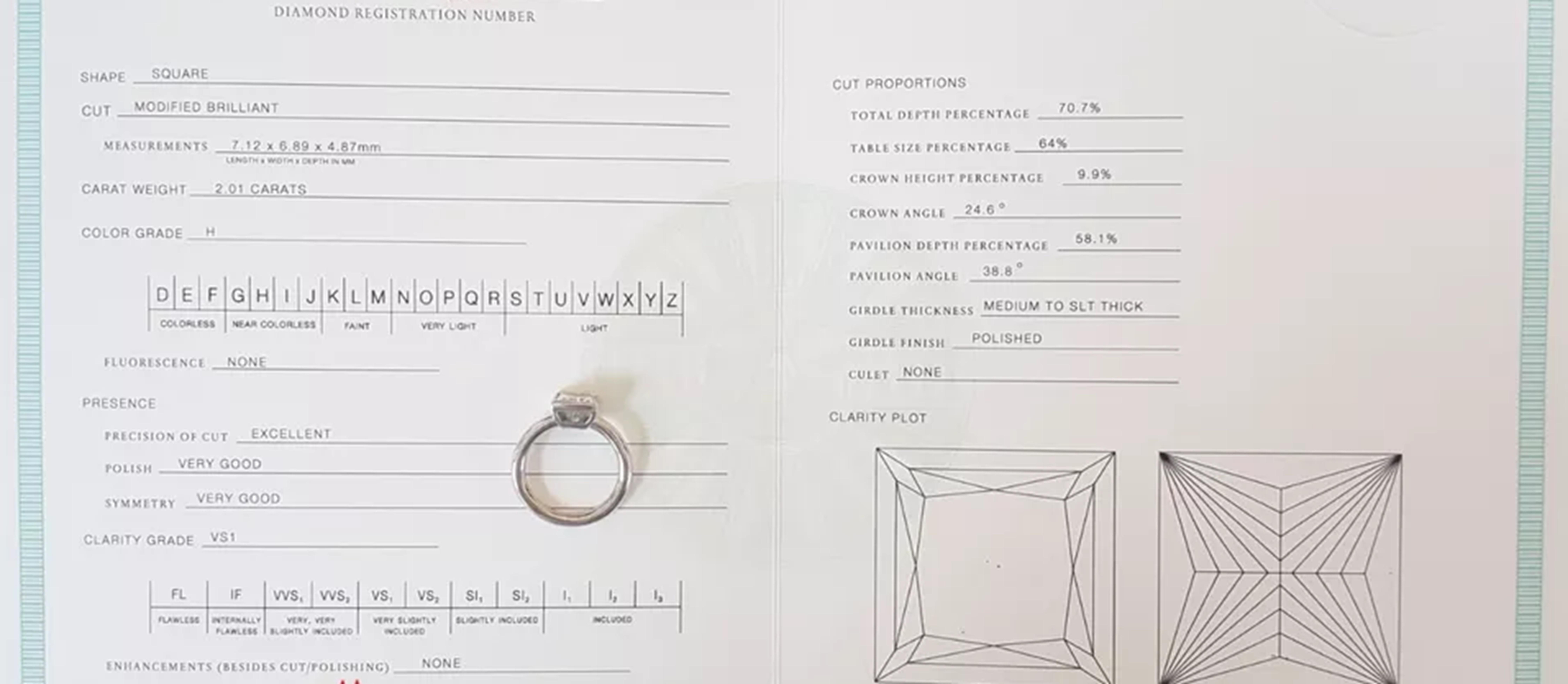 TIffany & Co. engagement ring features a 2.01 ct Princess Diamond Ring In Excellent Condition For Sale In Chicago, IL