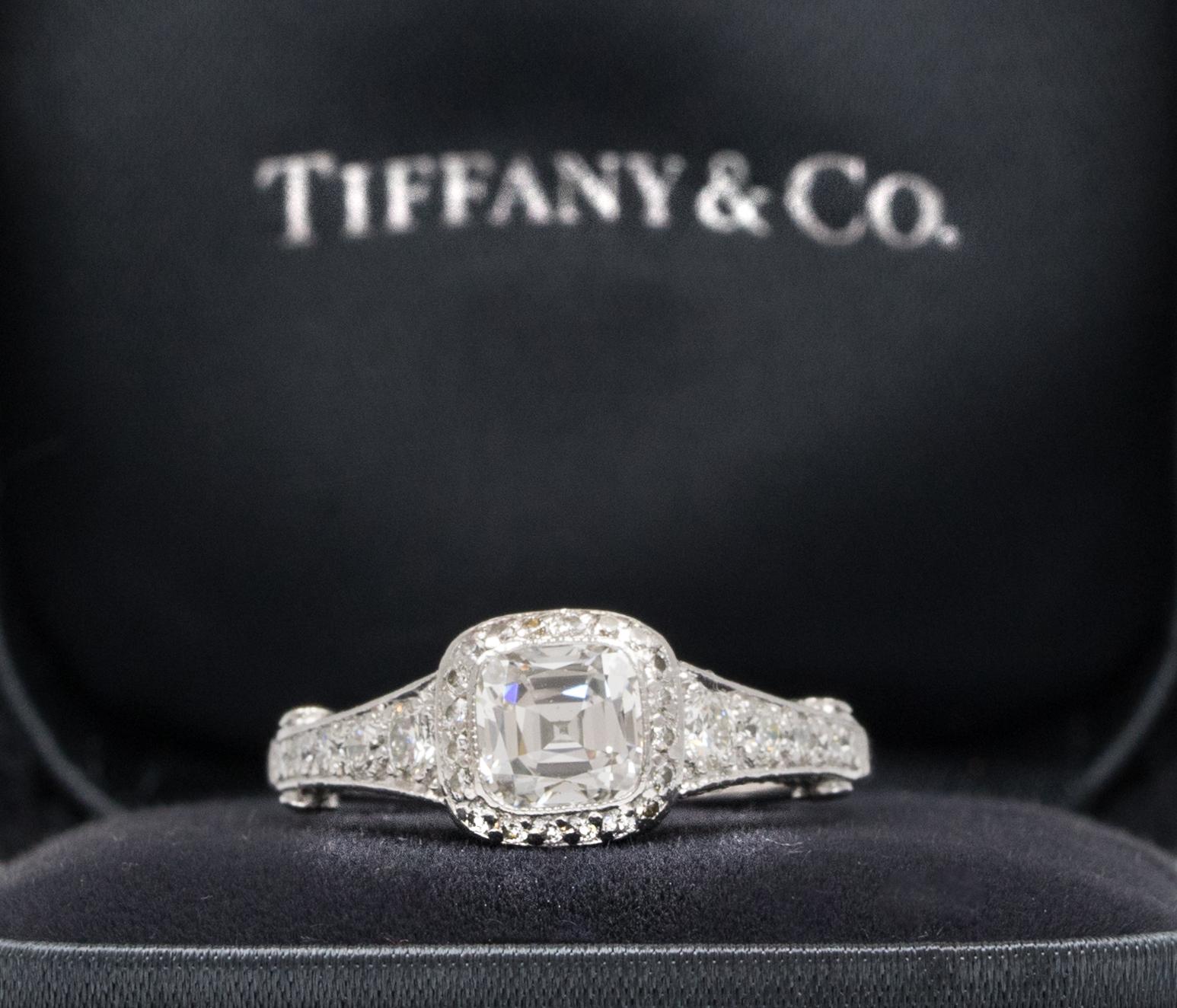 Tiffany Legacy® Engagement Ring with a Diamond Band signed by Tiffany & Co. featuring a 1.18 ct Cushion-Cut Center, graded D color , and VVS1 Clarity, in Platinum.

Includes Original Tiffany Certificate, and Box
Retail Appraisal from Tiffany & Co: