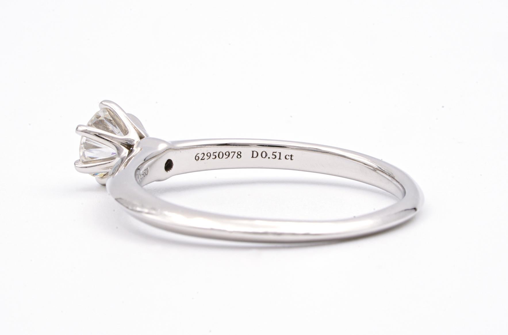 Round Cut Tiffany & Co. Engagement Ring with .51 Carat Round Brilliant Center in Platinum