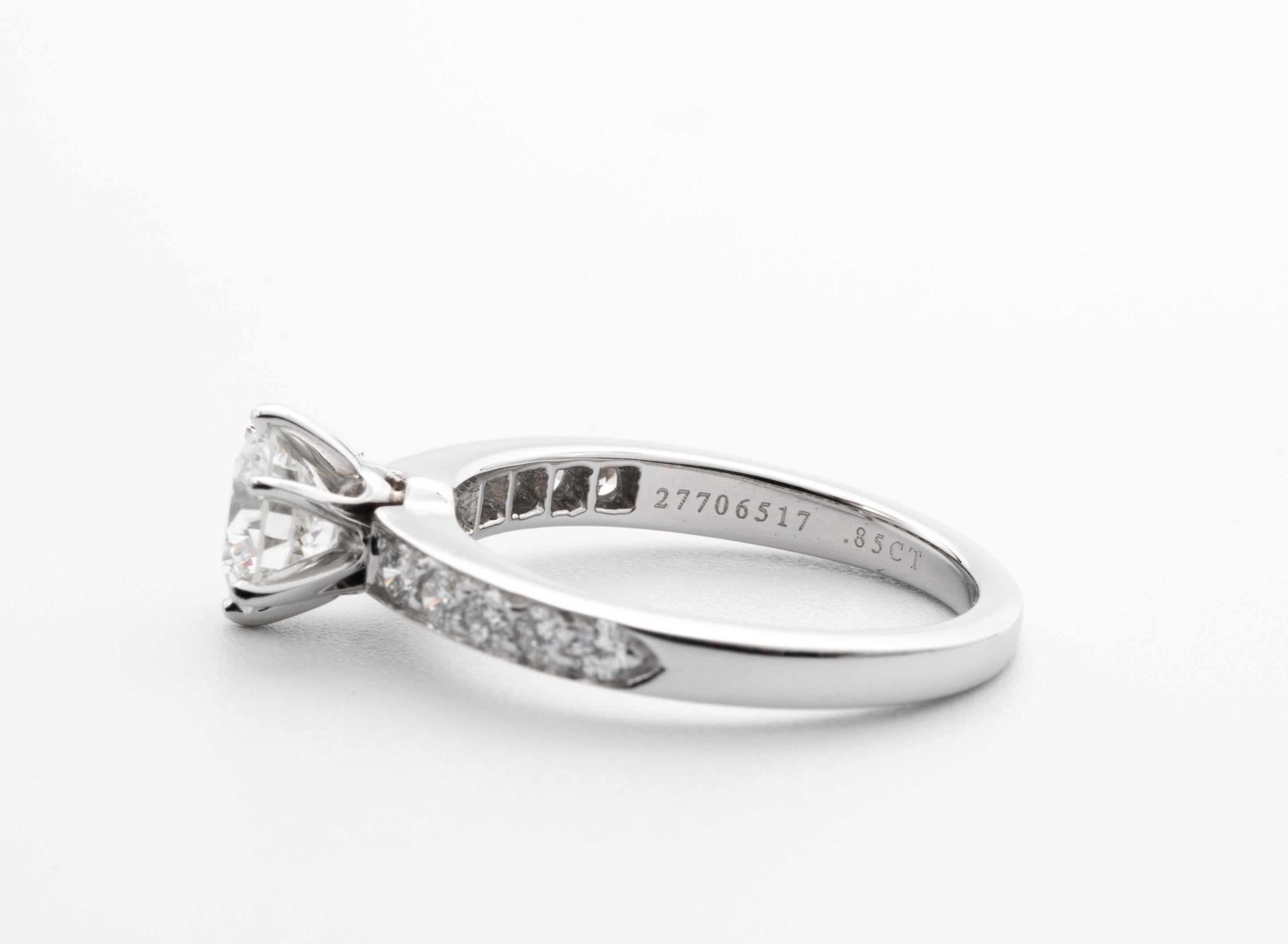 Contemporary Tiffany & Co. Engagement Ring with .85 Carat Round Brilliant Centre in Platinum