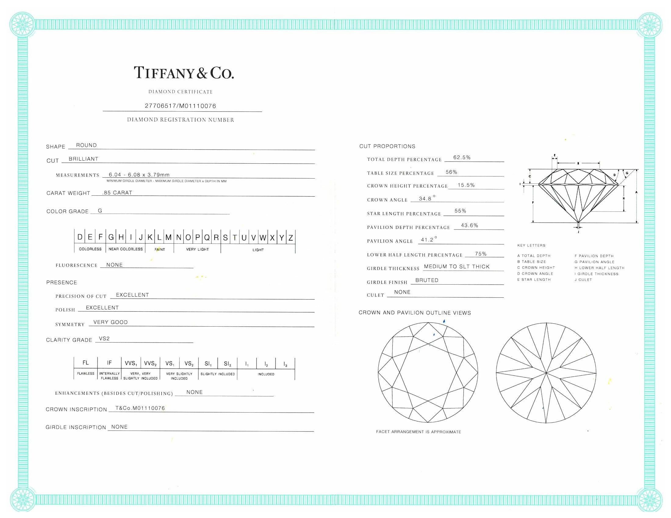 Women's or Men's Tiffany & Co. Engagement Ring with .85 Carat Round Brilliant Centre in Platinum