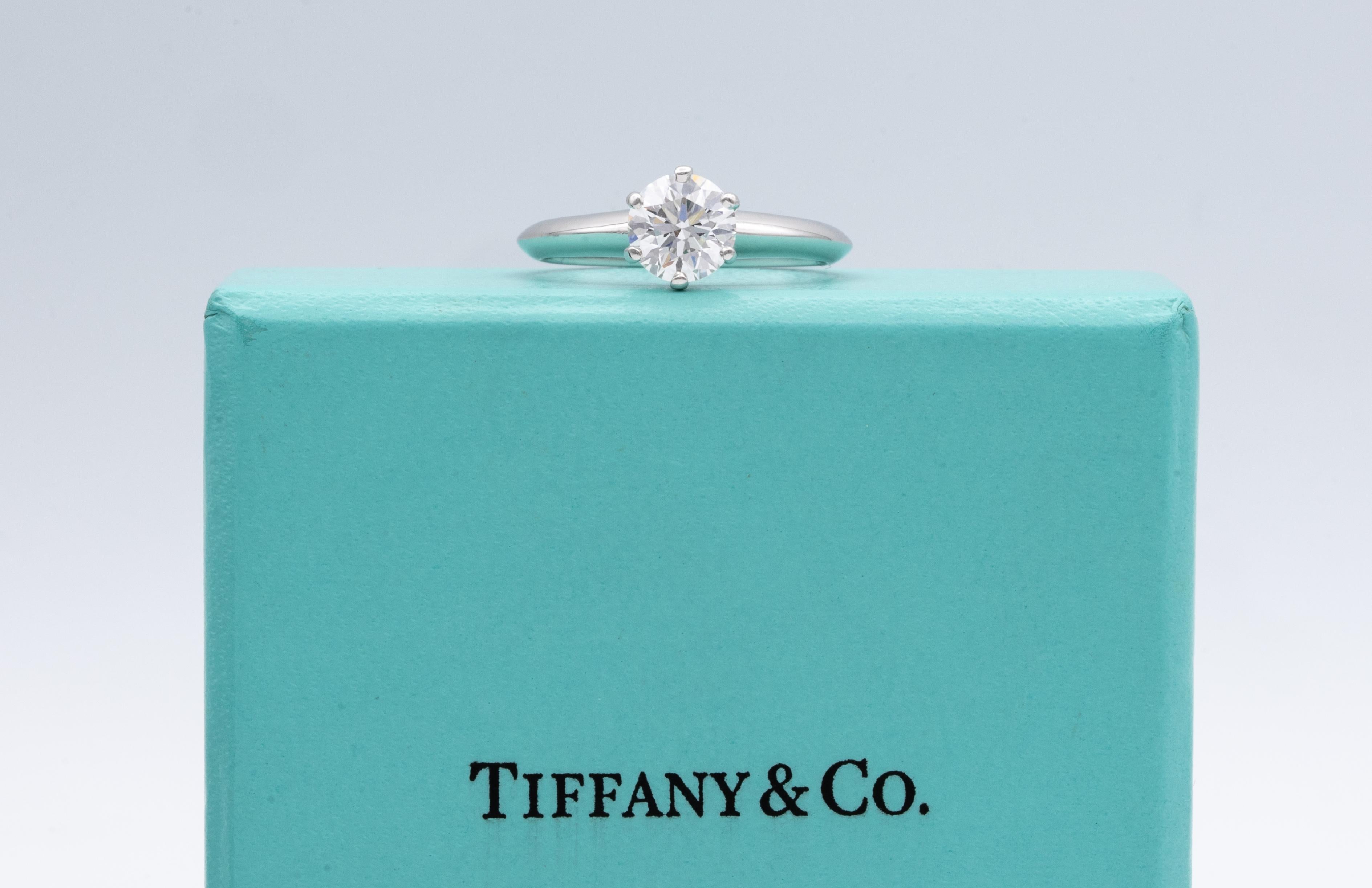 Round Cut Tiffany & Co. Engagement Ring with .92 Carat Round Brilliant Centre in Platinum