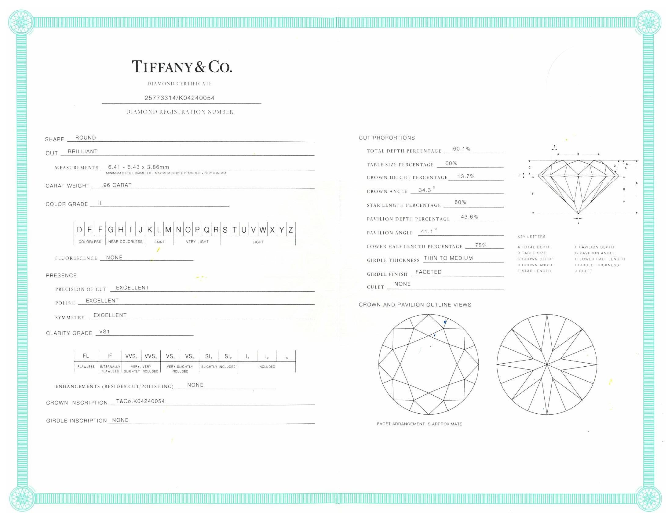 Tiffany & Co. Engagement Ring with .96 Carat Round Brilliant Centre in Platinum 1