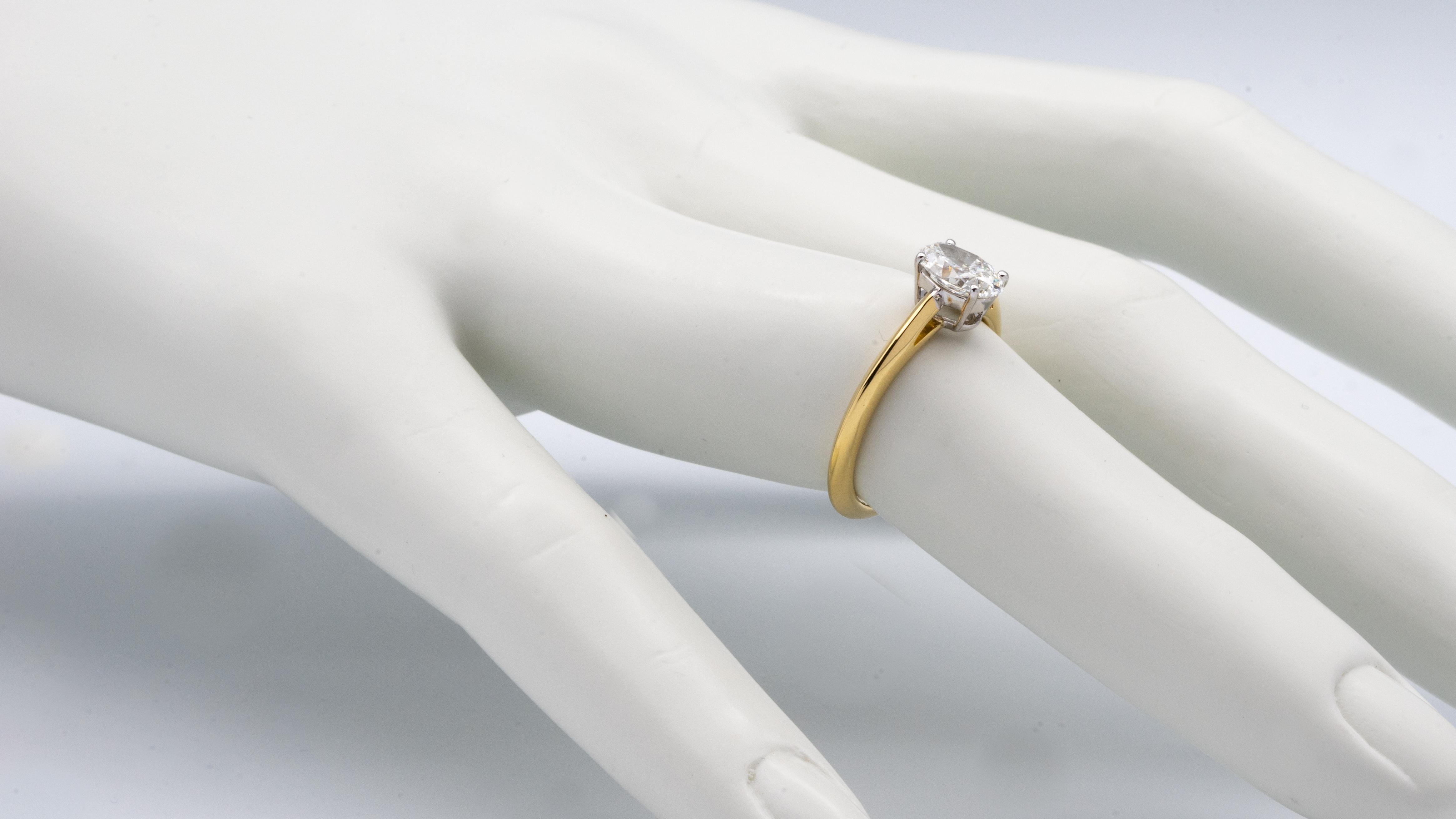Tiffany & Co. 18K Yellow Gold + Plat Oval Diamond Engagement Ring .79 Ct G VS1  In Excellent Condition In New York, NY