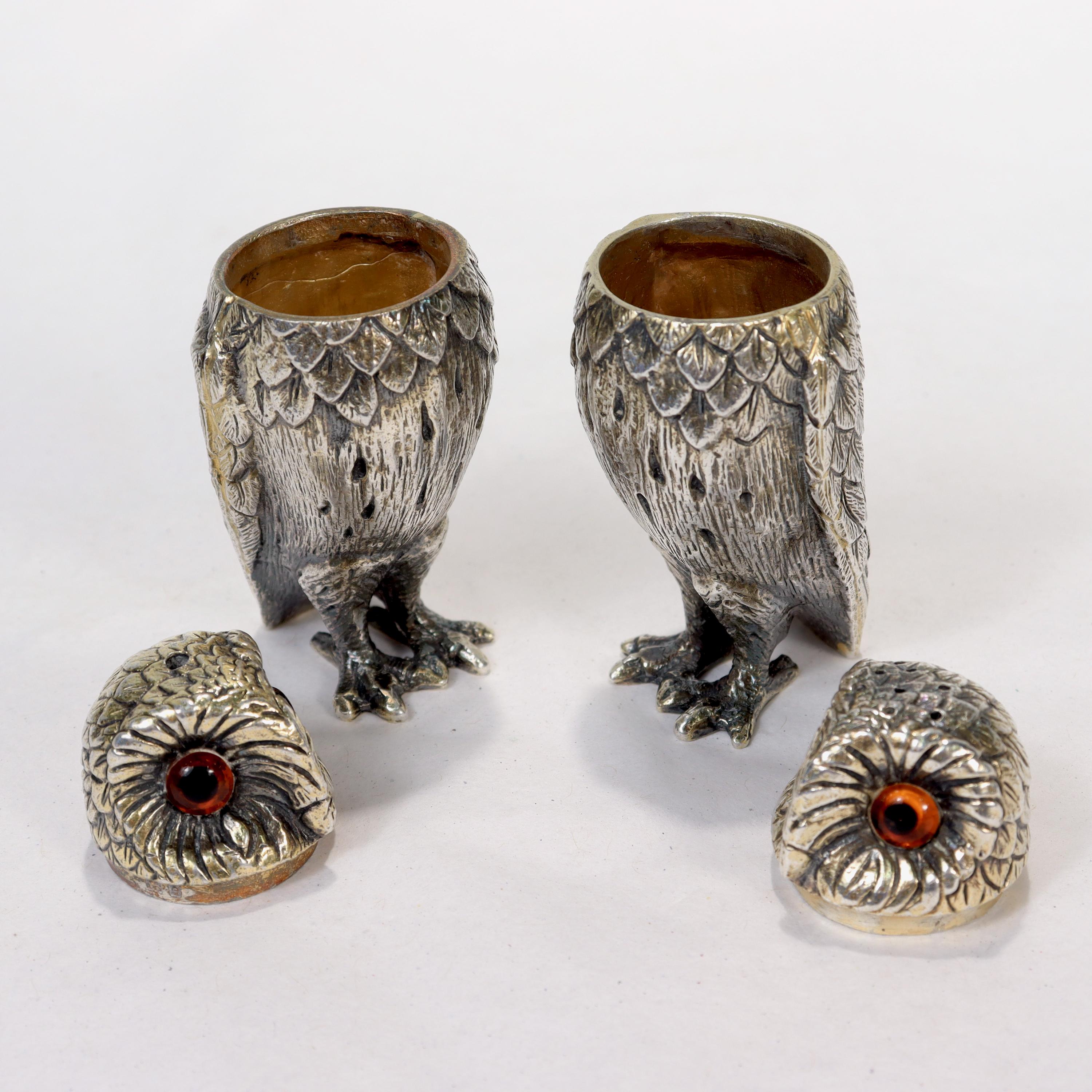 Tiffany & Co. English Sterling Silver Owl Formed Salt & Pepper Shakers, 1960 2