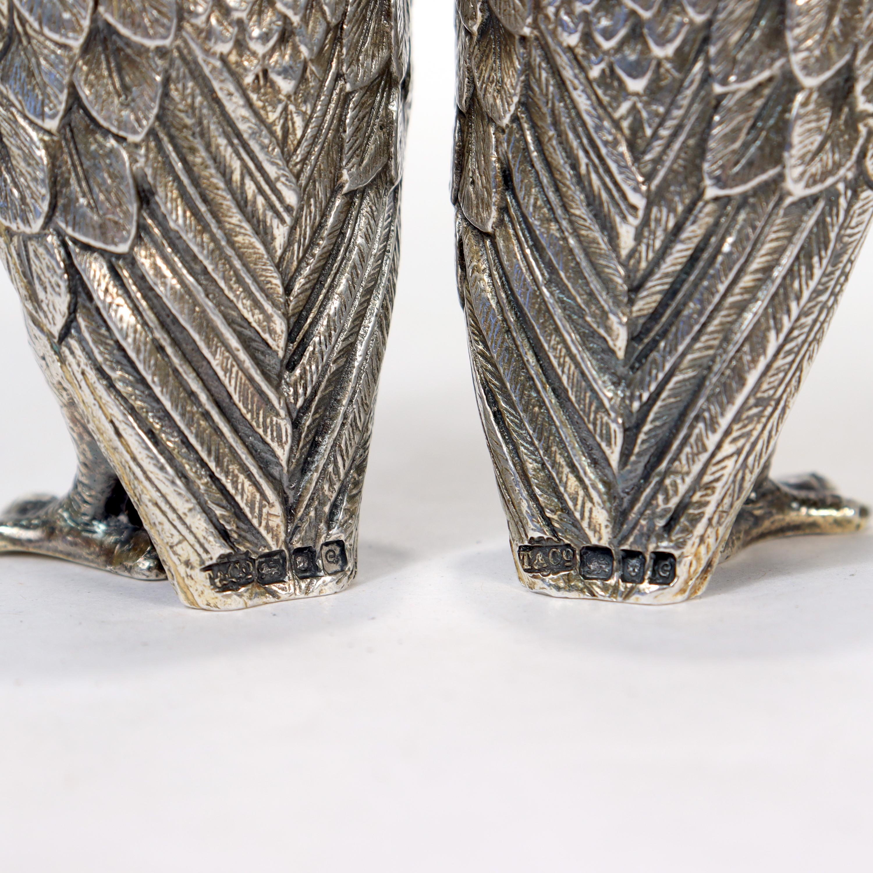 Modern Tiffany & Co. English Sterling Silver Owl Formed Salt & Pepper Shakers, 1960