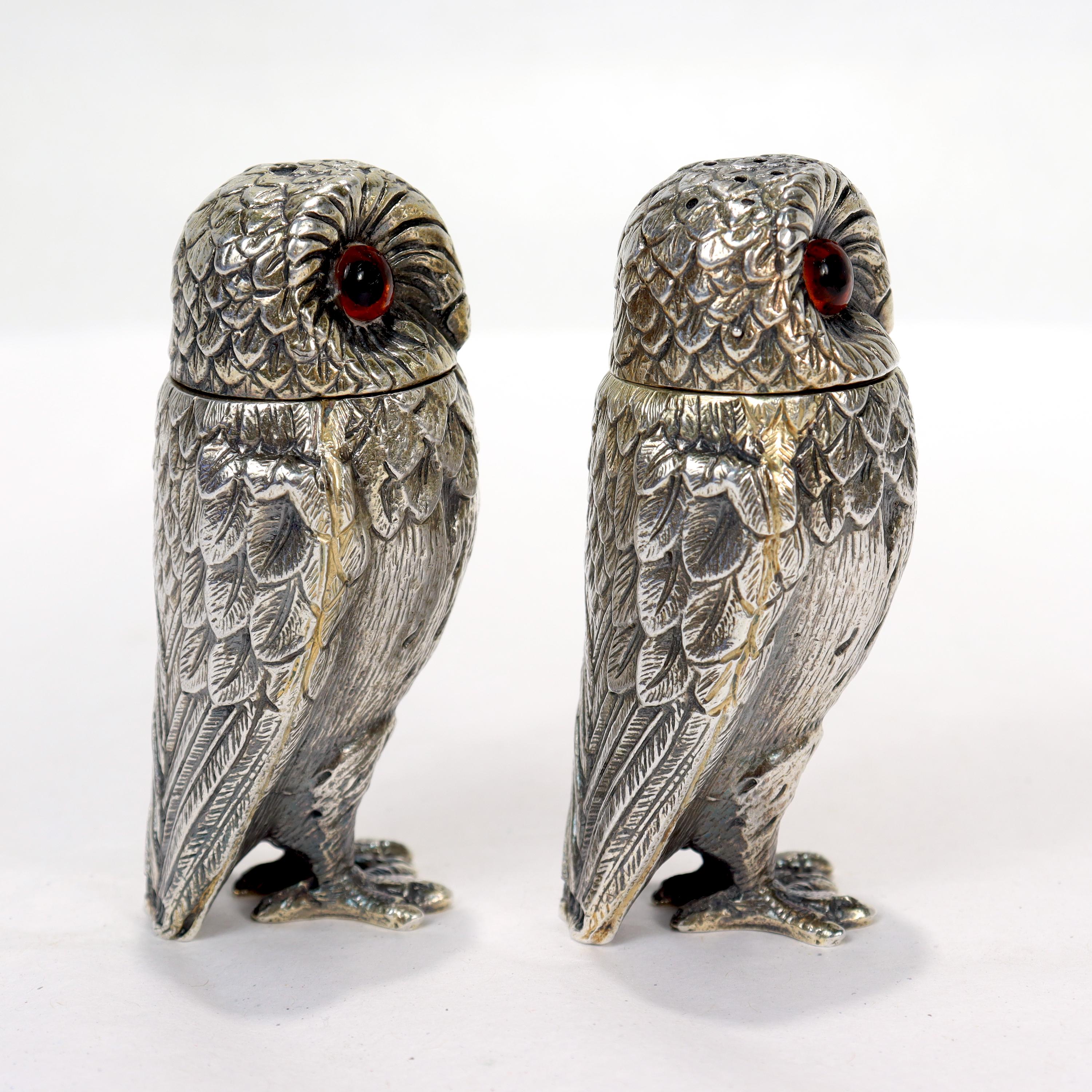 Tiffany & Co. English Sterling Silver Owl Formed Salt & Pepper Shakers, 1960 In Good Condition In Philadelphia, PA