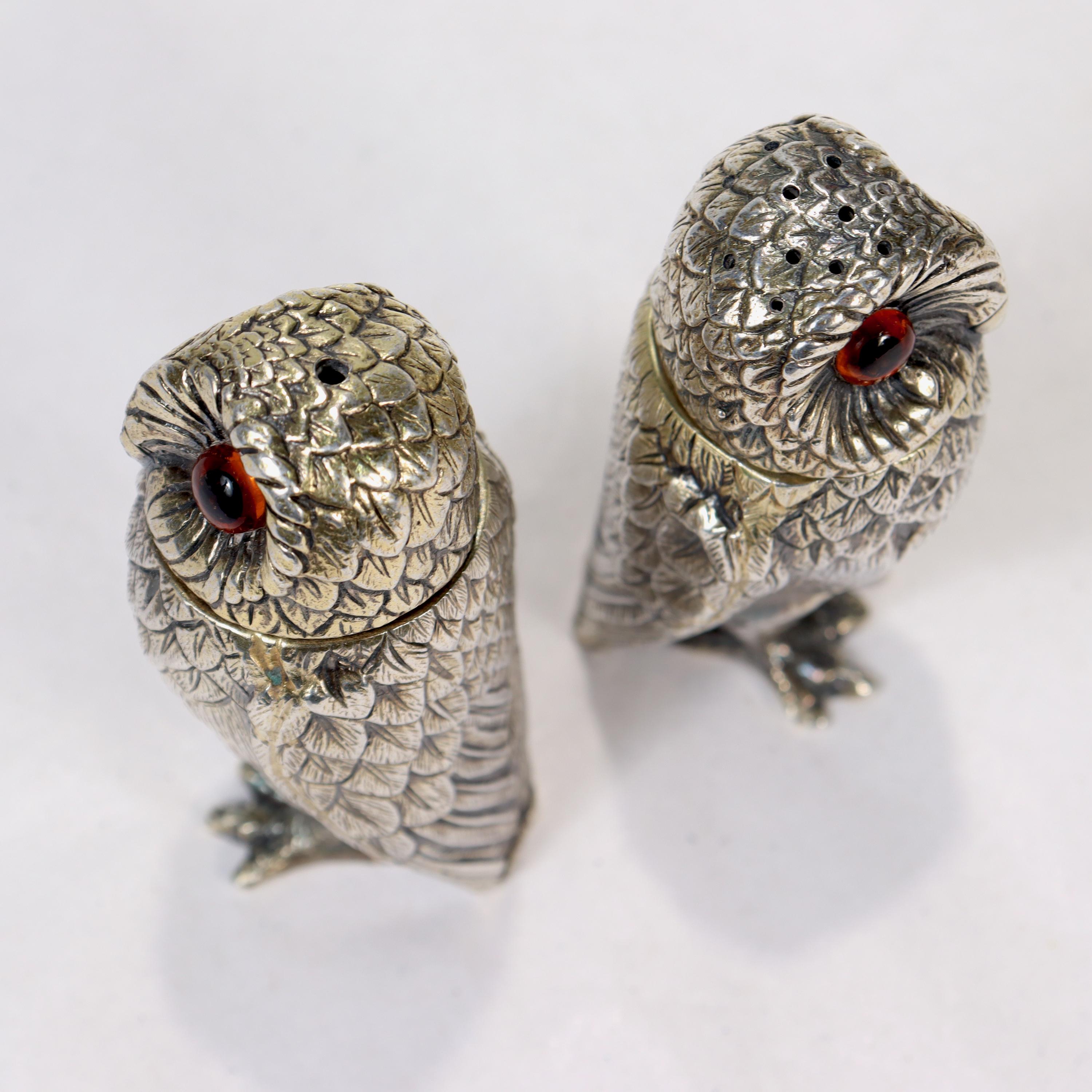 Women's or Men's Tiffany & Co. English Sterling Silver Owl Formed Salt & Pepper Shakers, 1960