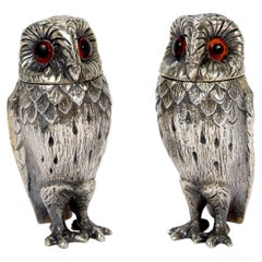 Tiffany & Co. English Sterling Silver Owl Formed Salt & Pepper Shakers, 1960