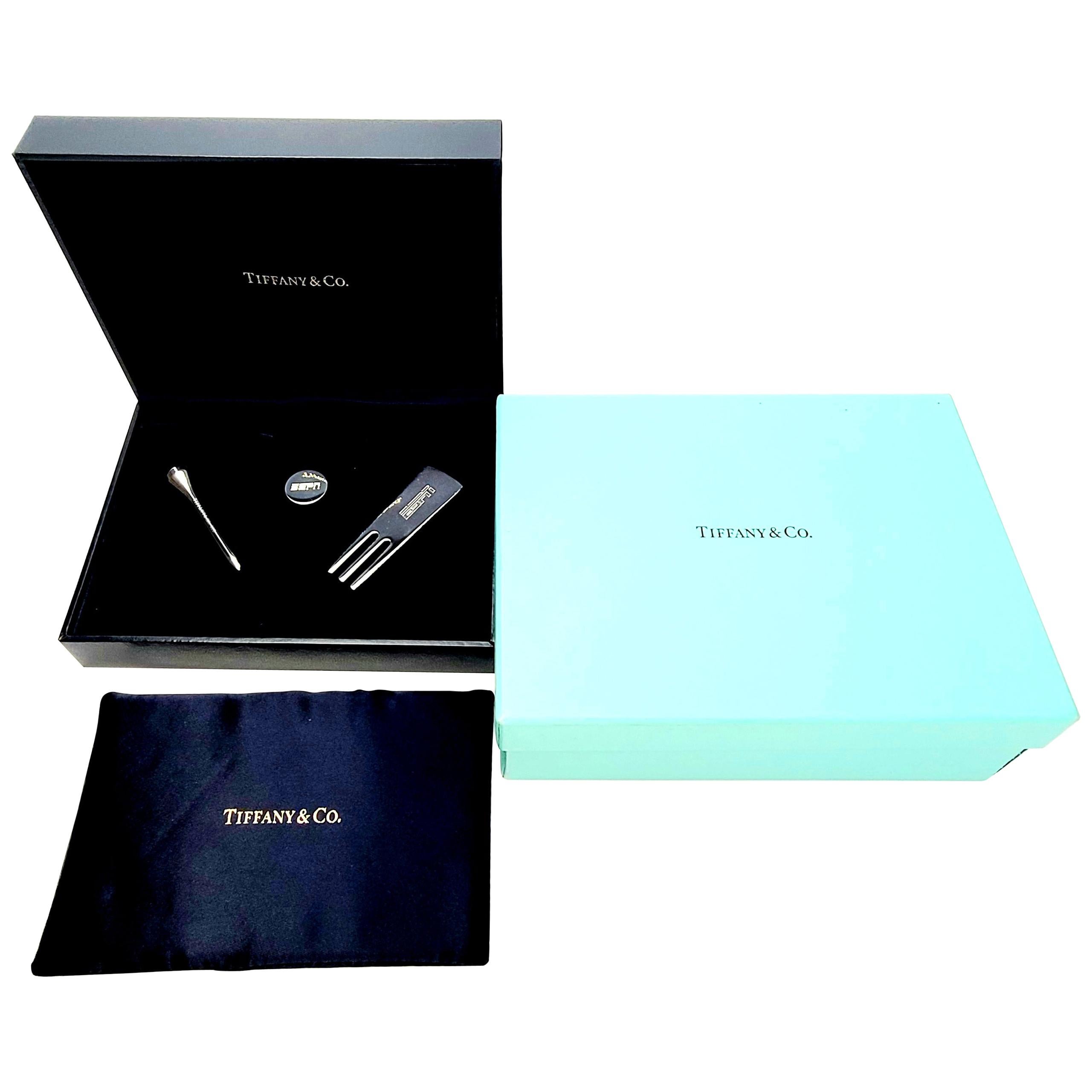 Tiffany & Co ESPN Sterling Silver Tee/Ball Marker/Divot Tool Golf Set with Box