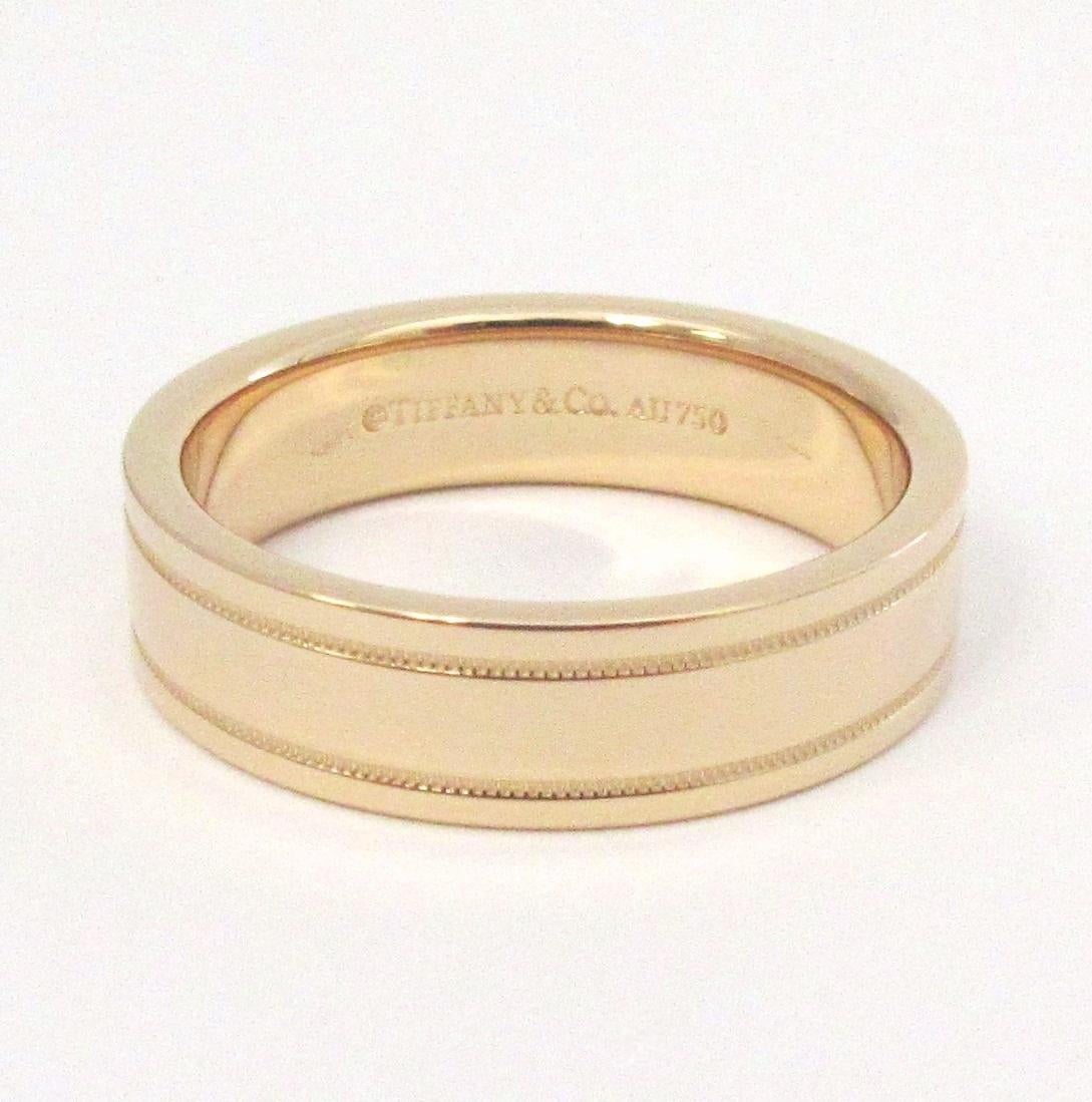 TIFFANY & Co. Essential Band 18K Rose Gold 6mm Double Milgrain Ring 10.5 In Excellent Condition For Sale In Los Angeles, CA