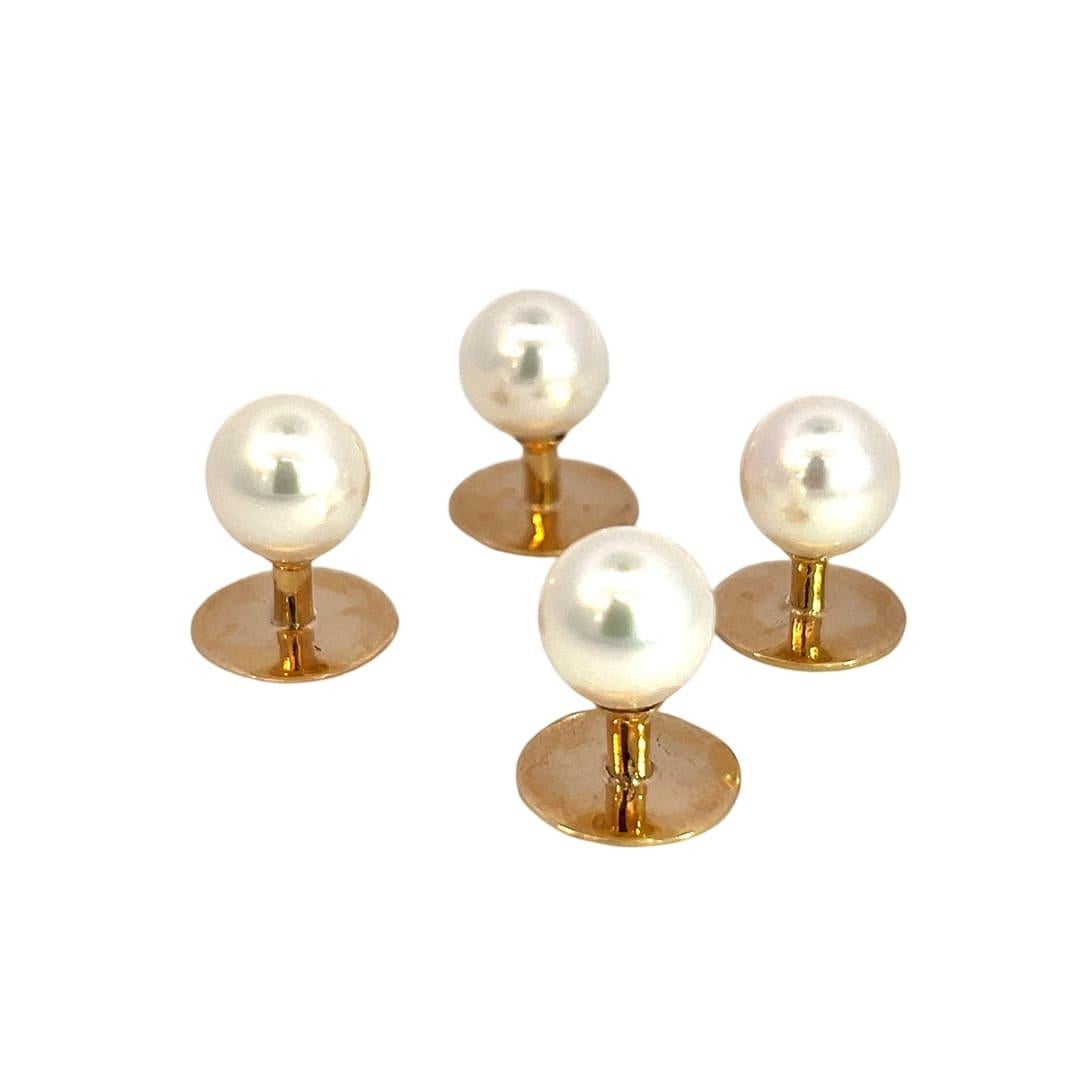 Tiffany & Co Estate Akoya Pearl Shirt Stud Set 14k Yellow Gold Certified In Good Condition In Brooklyn, NY