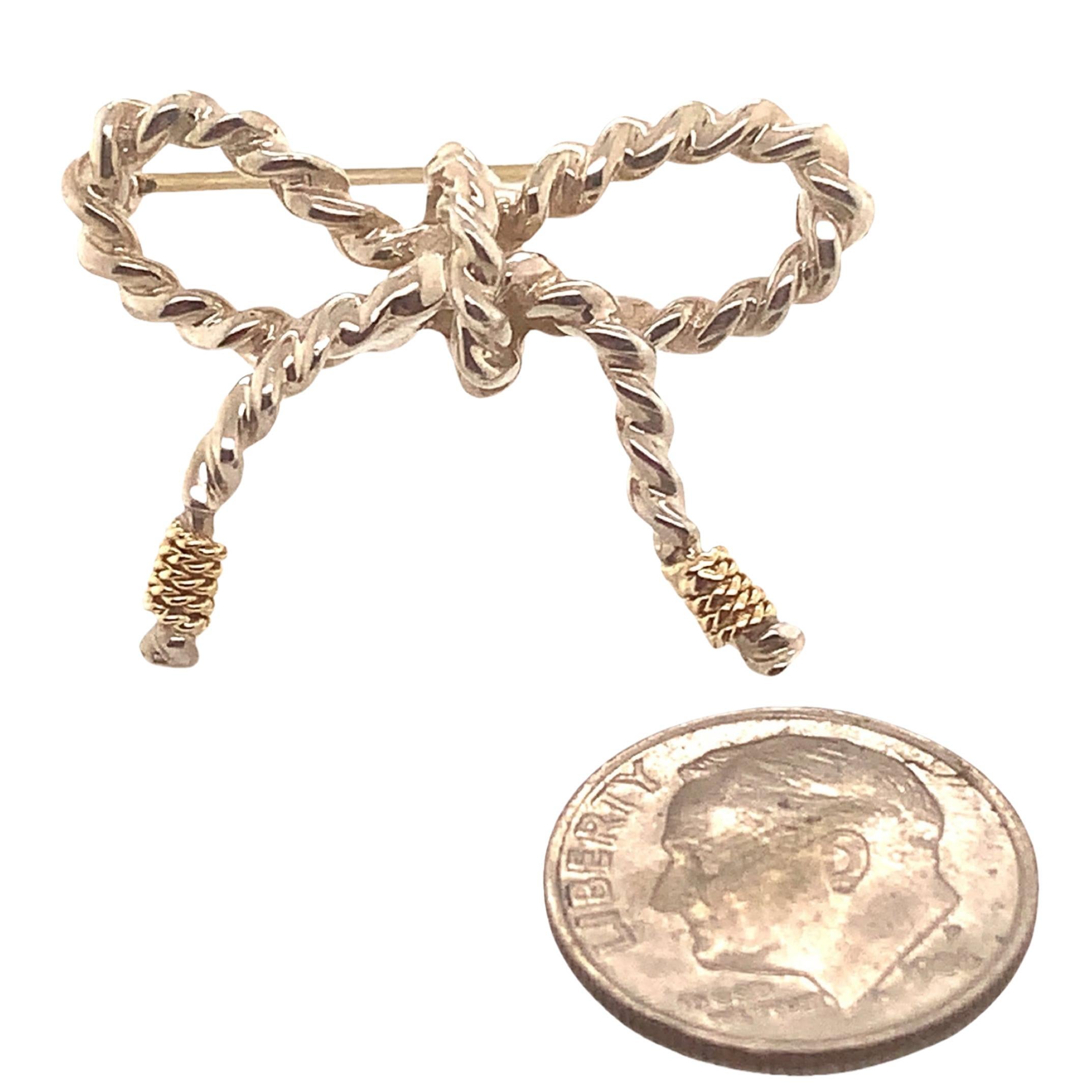 Tiffany & Co Estate Bow Brooch Pin 18k Gold + Sterling Silver For Sale 6