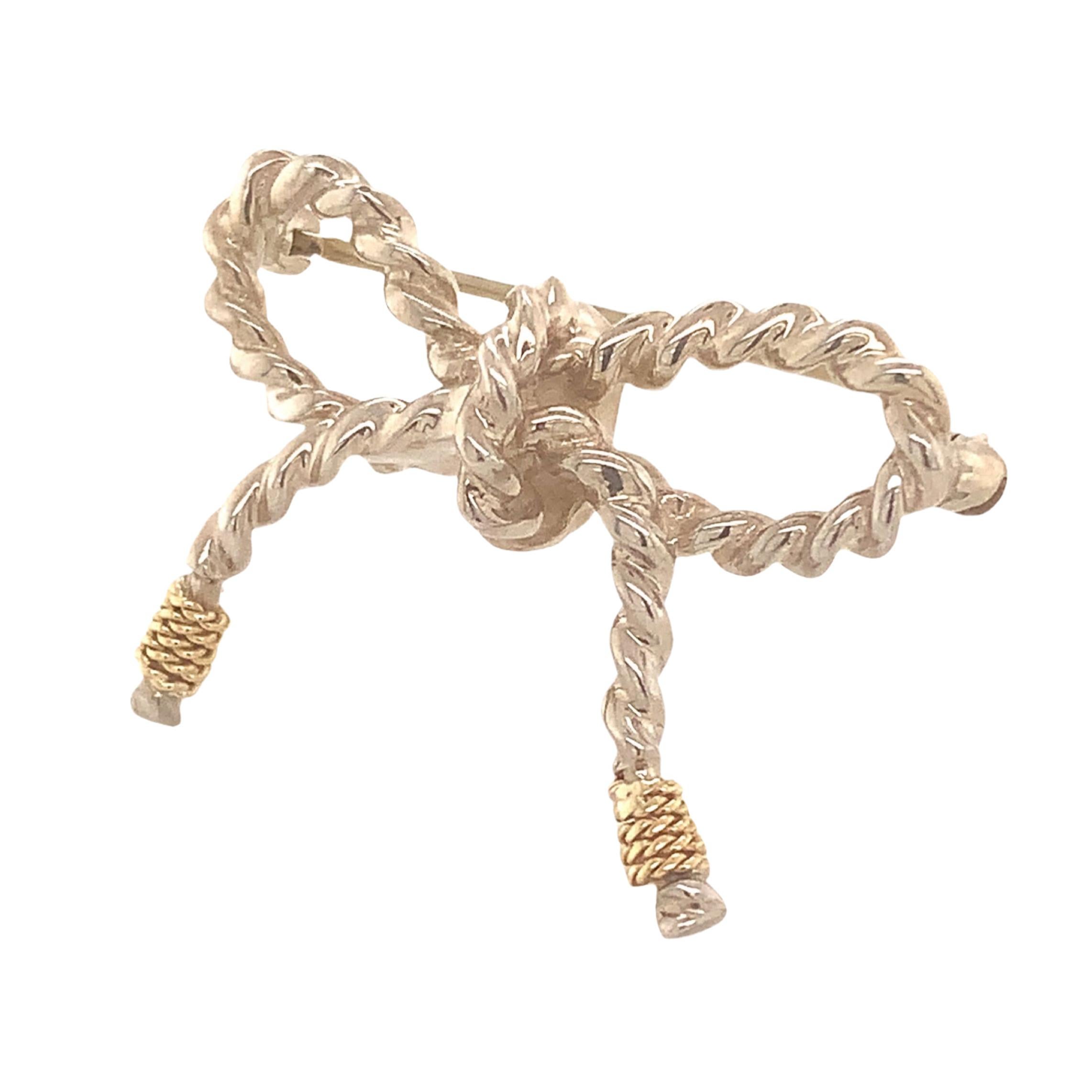 Tiffany & Co Estate Bow Brooch Pin 18k Gold + Sterling Silver For Sale 2