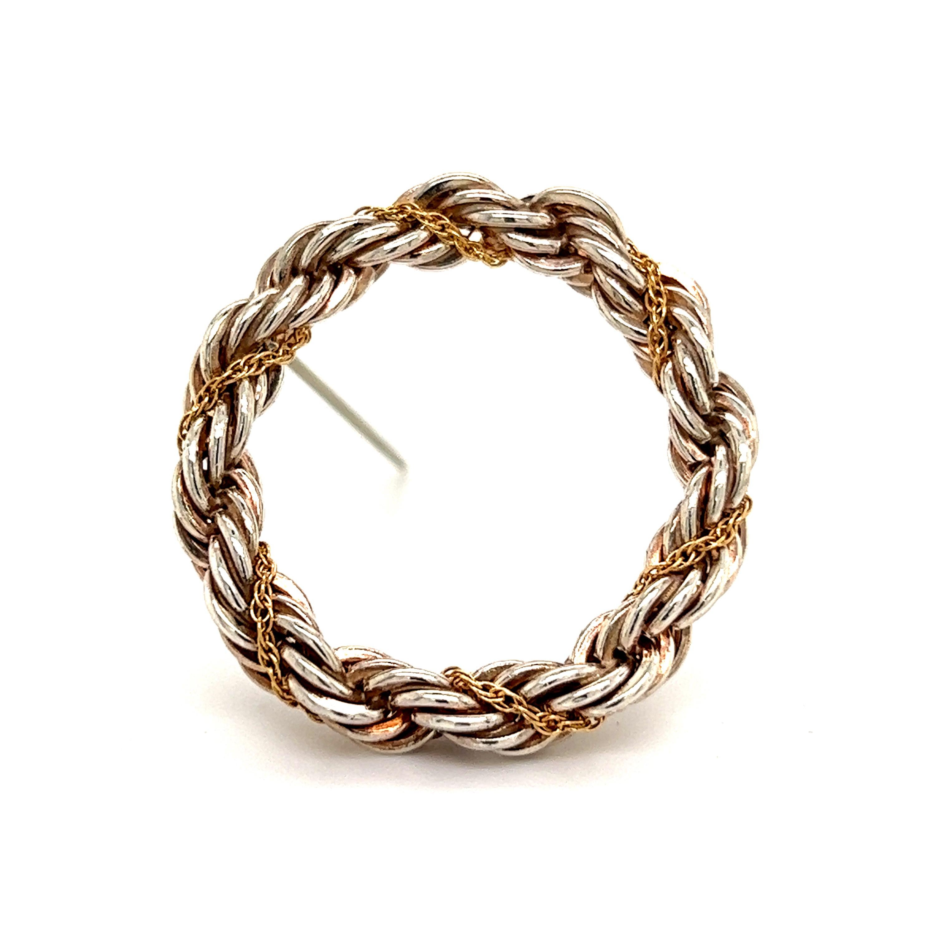 Tiffany & Co Estate Circle Rope Wreath Brooch Pin 18k Gold + Silver 7