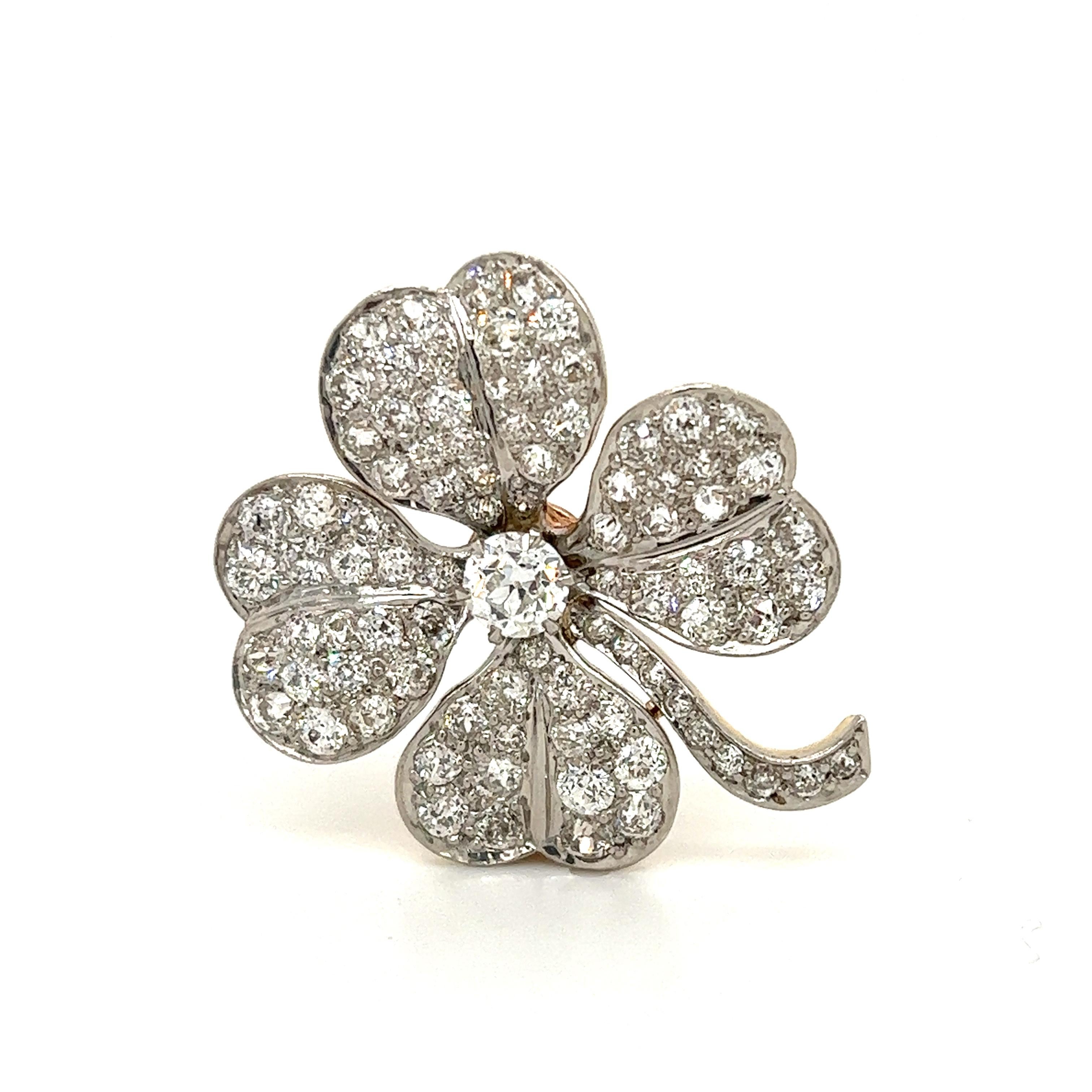 True beauty seen in this vintage Tiffany & Co. four leaf clover lucky charm. The piece is crafted in platinum and 18k yellow gold. The clover is fully encrusted with natural earth mined old mine cut diamonds. There are approximately 8.75 carats of