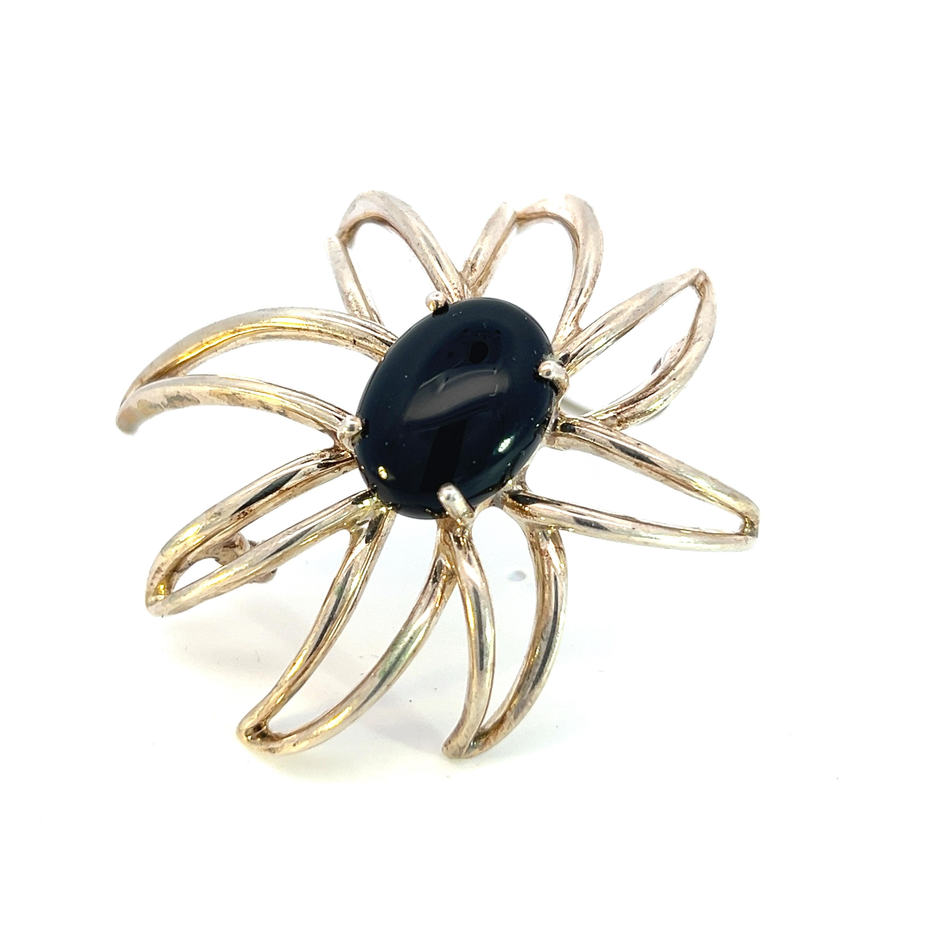 Round Cut Tiffany & Co Estate Large Onyx Flower Brooch Sterling Silver  For Sale