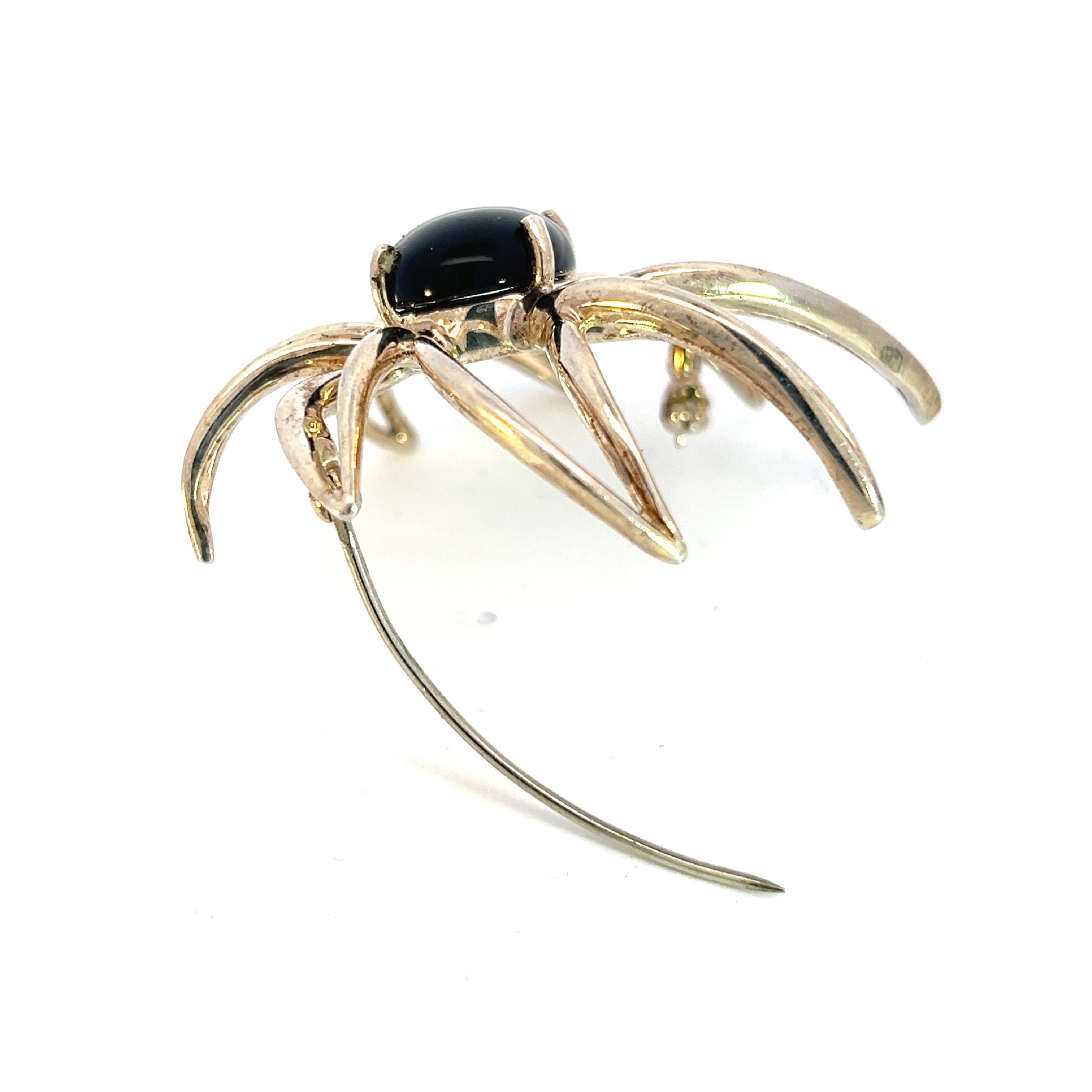 Tiffany & Co Estate Large Onyx Flower Brooch Sterling Silver In Good Condition For Sale In Brooklyn, NY