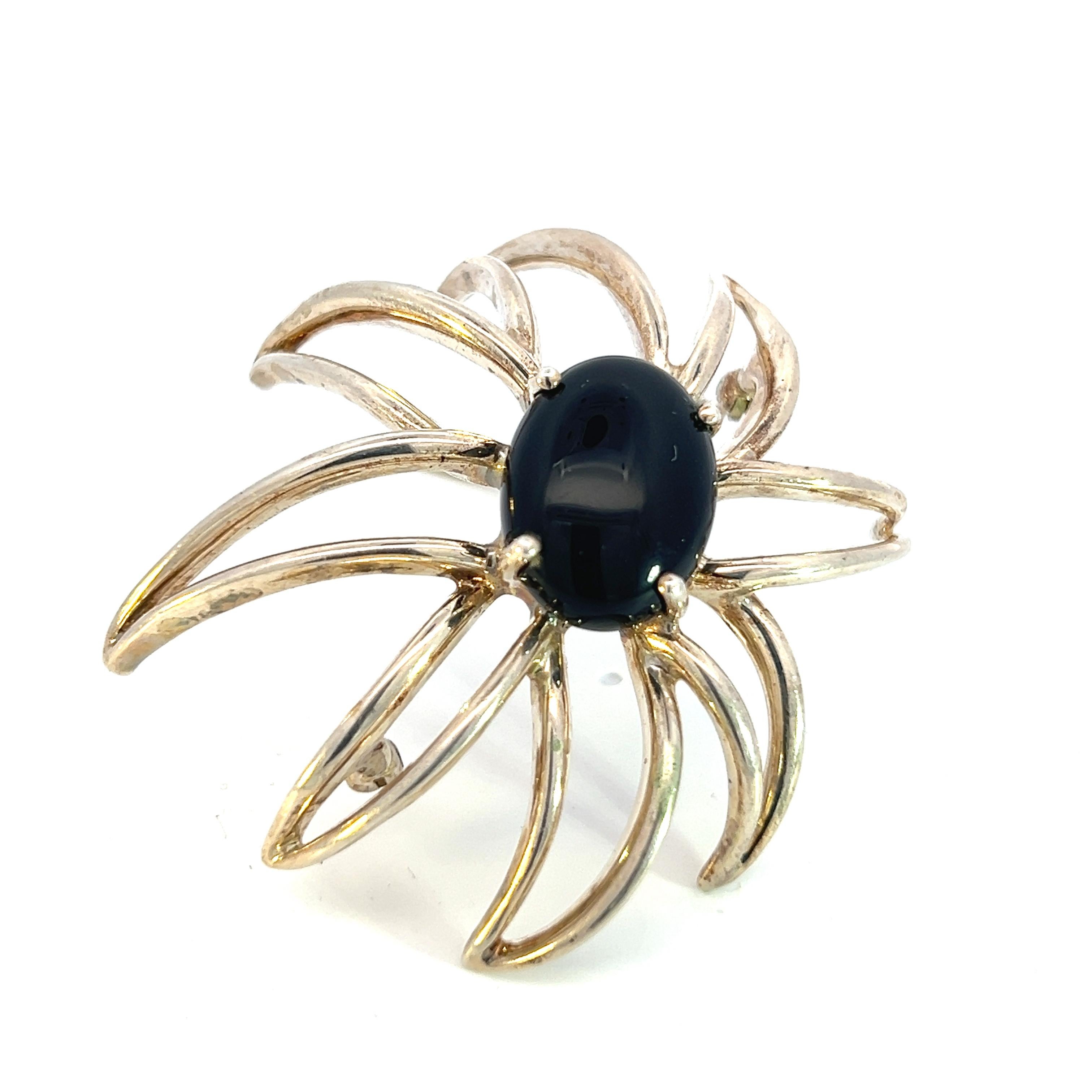 Tiffany & Co Estate Large Onyx Flower Brooch Sterling Silver For Sale 2