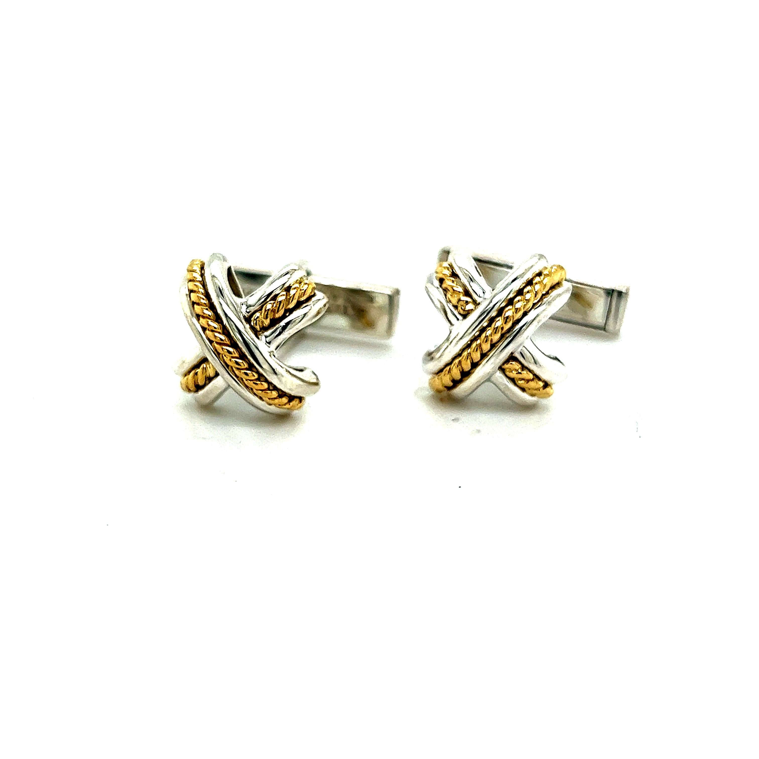 Tiffany & Co Estate Mens X Signature Cufflinks 18k Yellow Gold Sterling Silver  In Good Condition For Sale In Brooklyn, NY