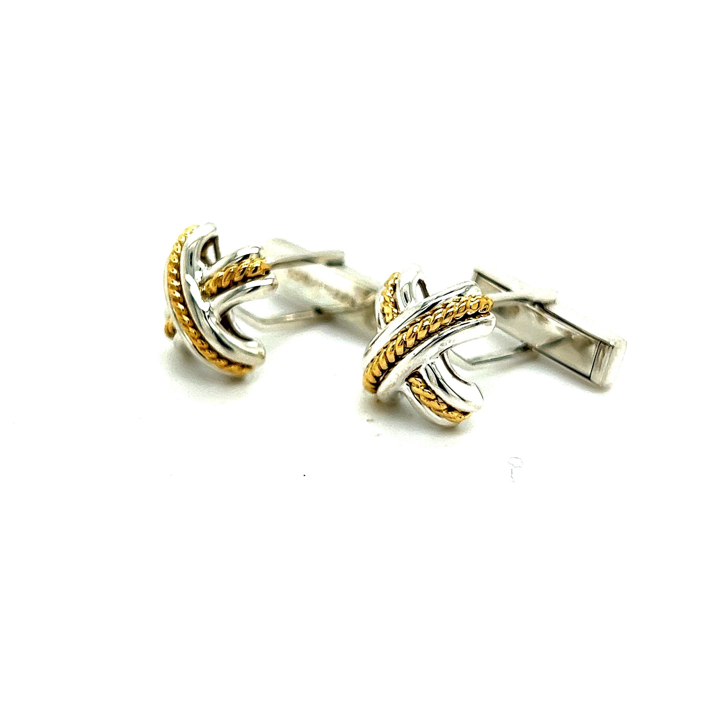 Men's Tiffany & Co Estate Mens X Signature Cufflinks 18k Yellow Gold Sterling Silver  For Sale