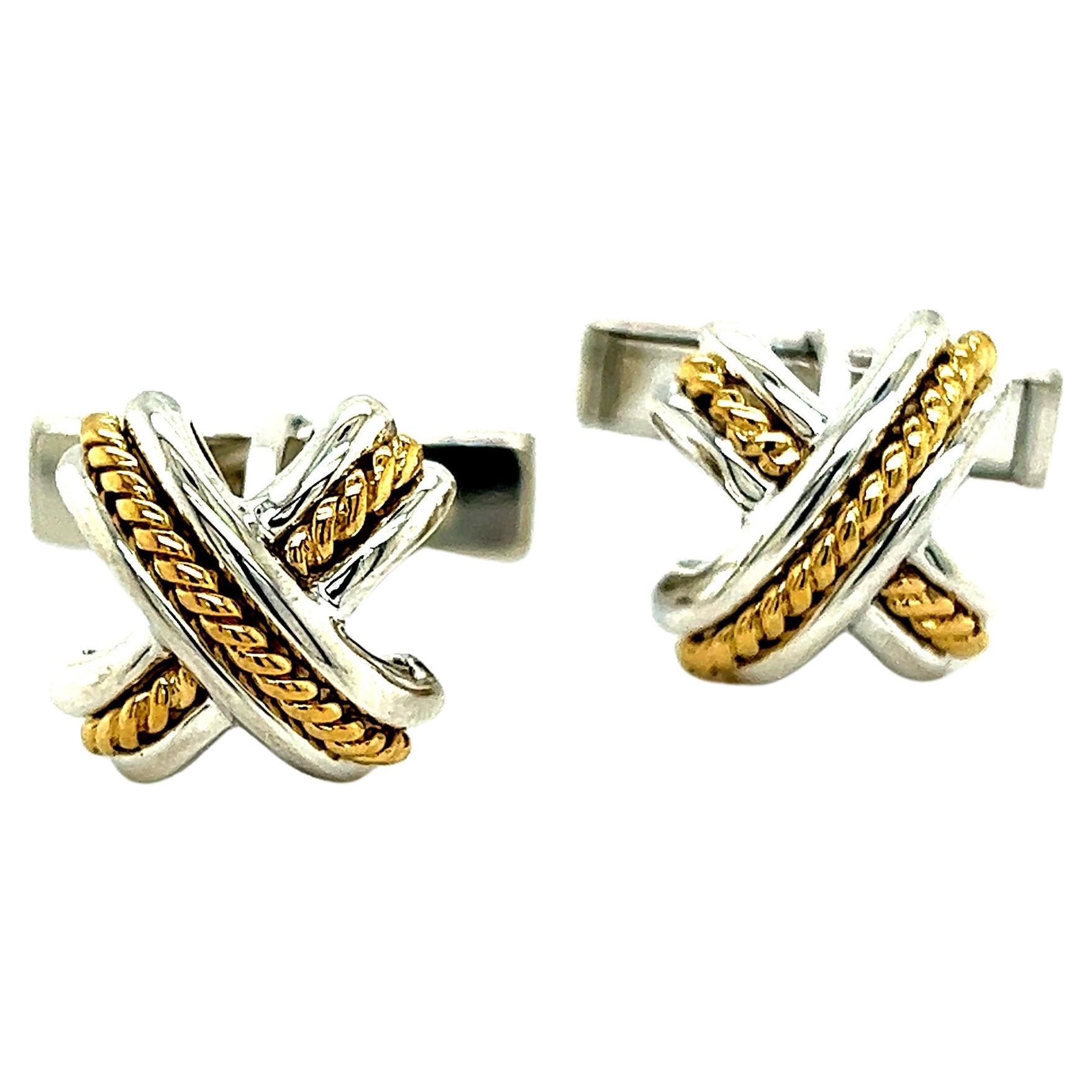 Tiffany & Co Estate Mens X Signature Cufflinks 18k Yellow Gold Sterling Silver 