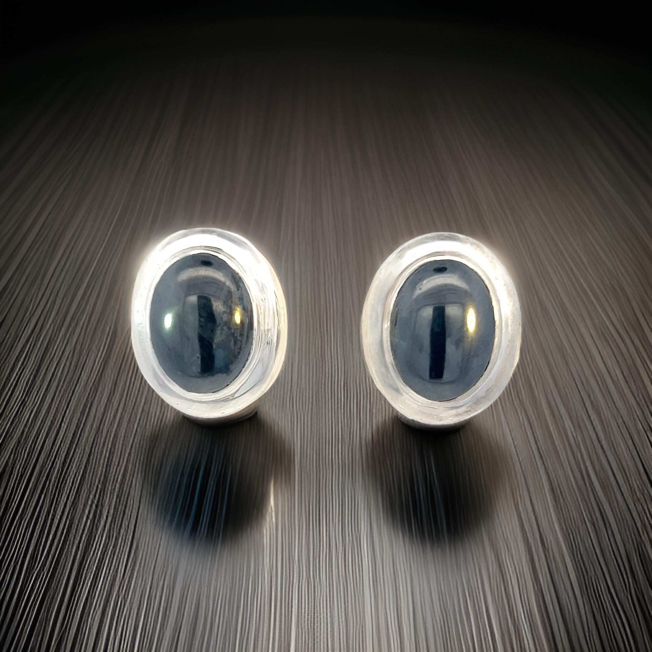 Oval Cut Tiffany & Co Estate Natural Hematite Cabochon Earrings Sterling Silver For Sale