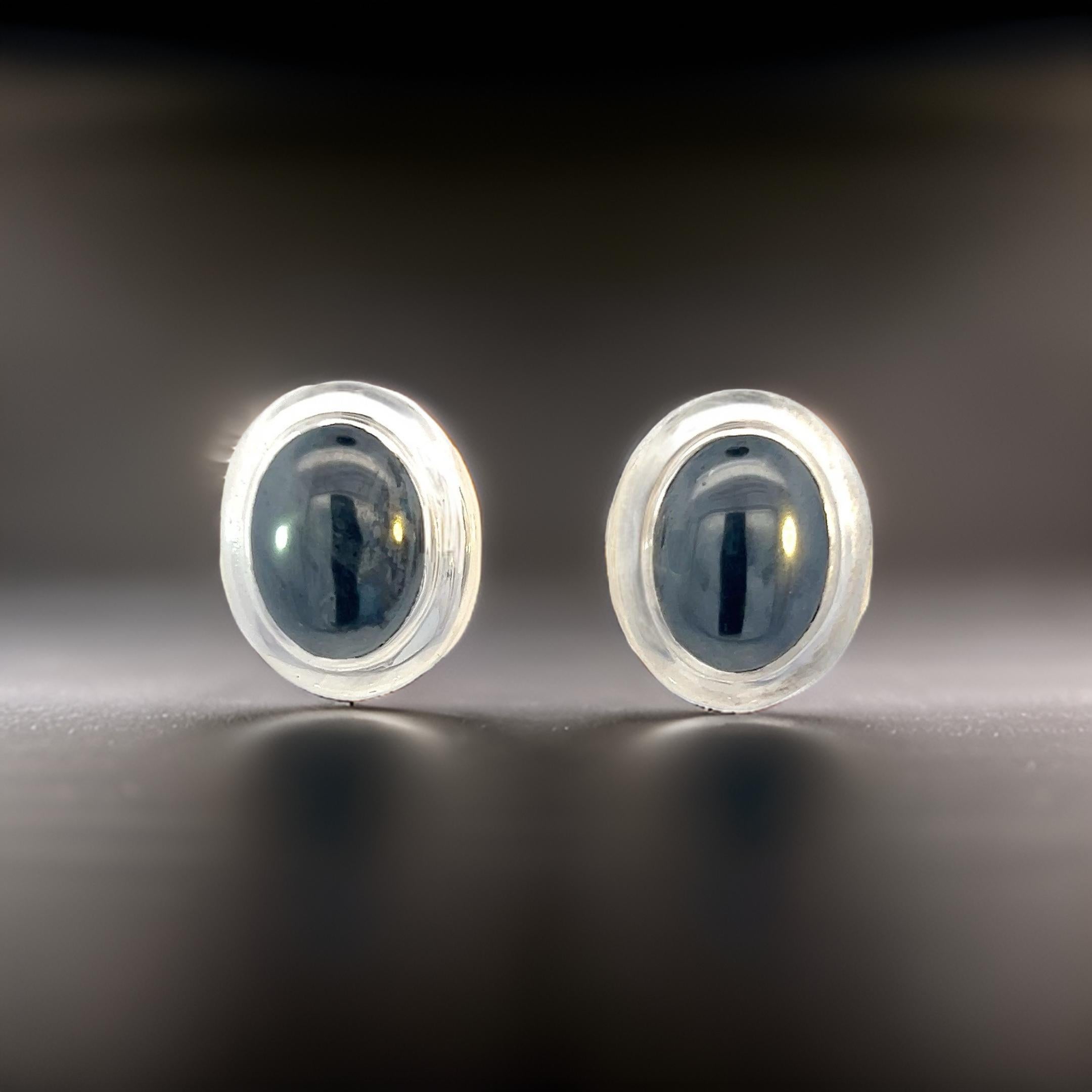 Tiffany & Co Estate Natural Hematite Cabochon Earrings Sterling Silver For Sale 4