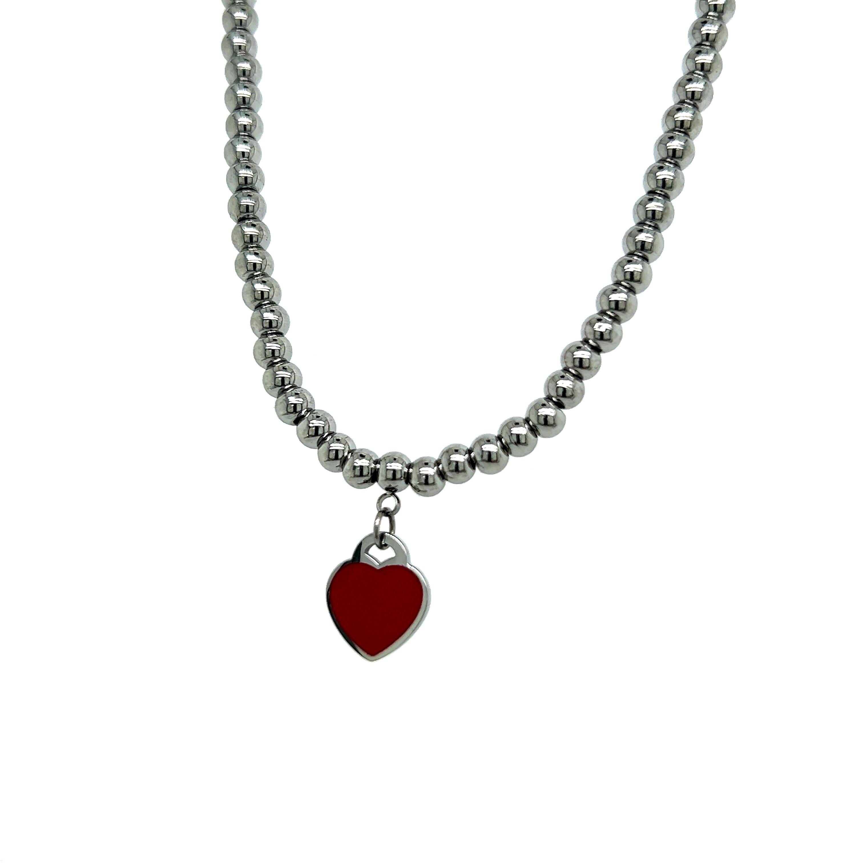 Tiffany & Co Estate Red Enamel Heart Ball Necklace 18