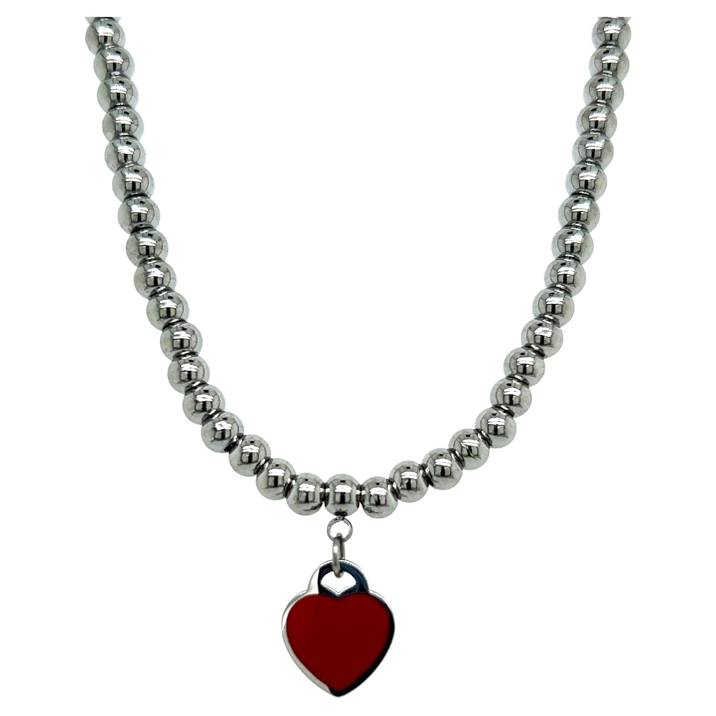 Tiffany & Co Estate Red Enamel Heart Ball Necklace 18" Sterling Silver 5 mm 