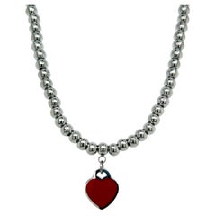 Vintage Tiffany & Co Estate Red Enamel Heart Ball Necklace 18" Sterling Silver 5 mm 