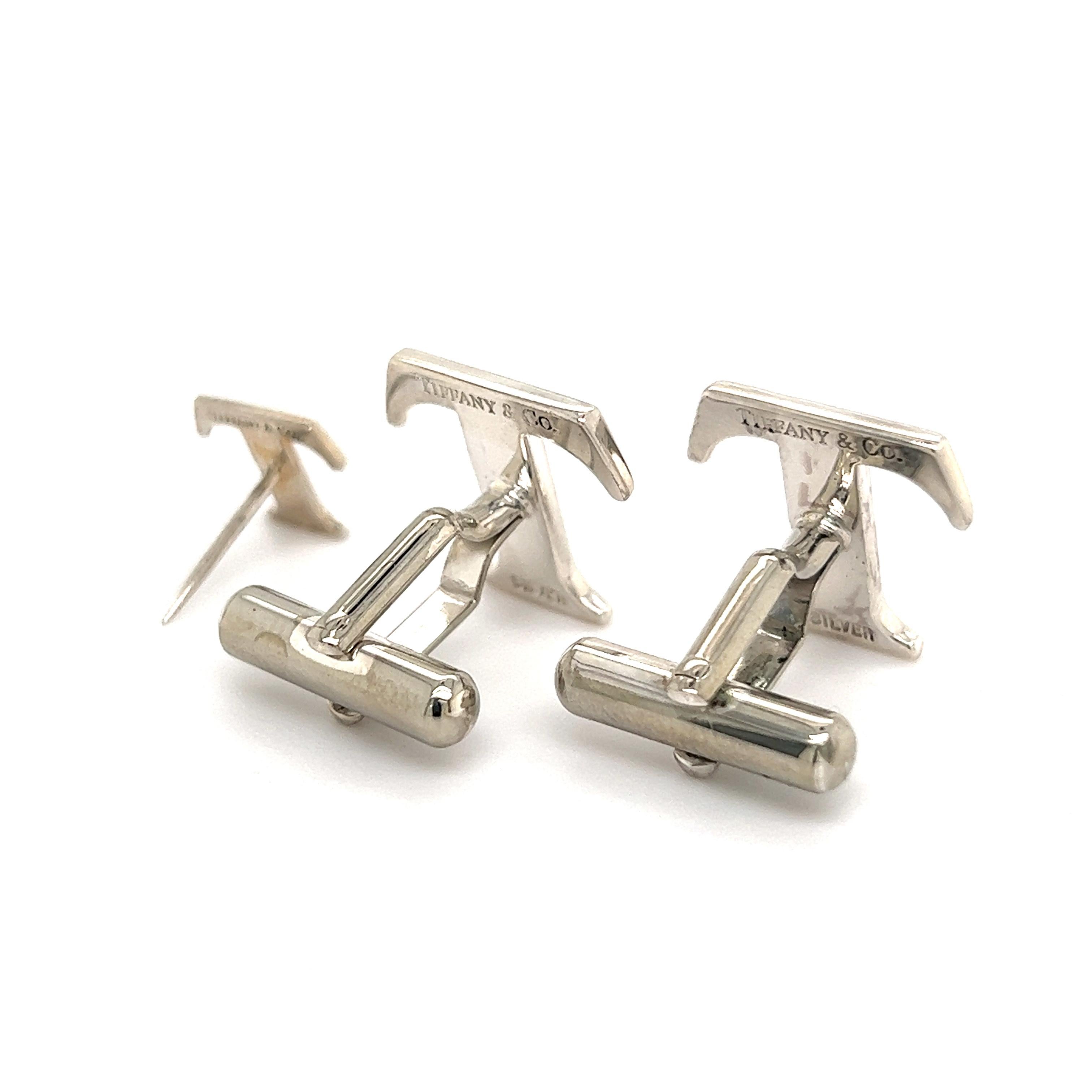 Tiffany & Co Estate T Cufflinks + Tie Pin Set Sterling Silver In Good Condition In Brooklyn, NY