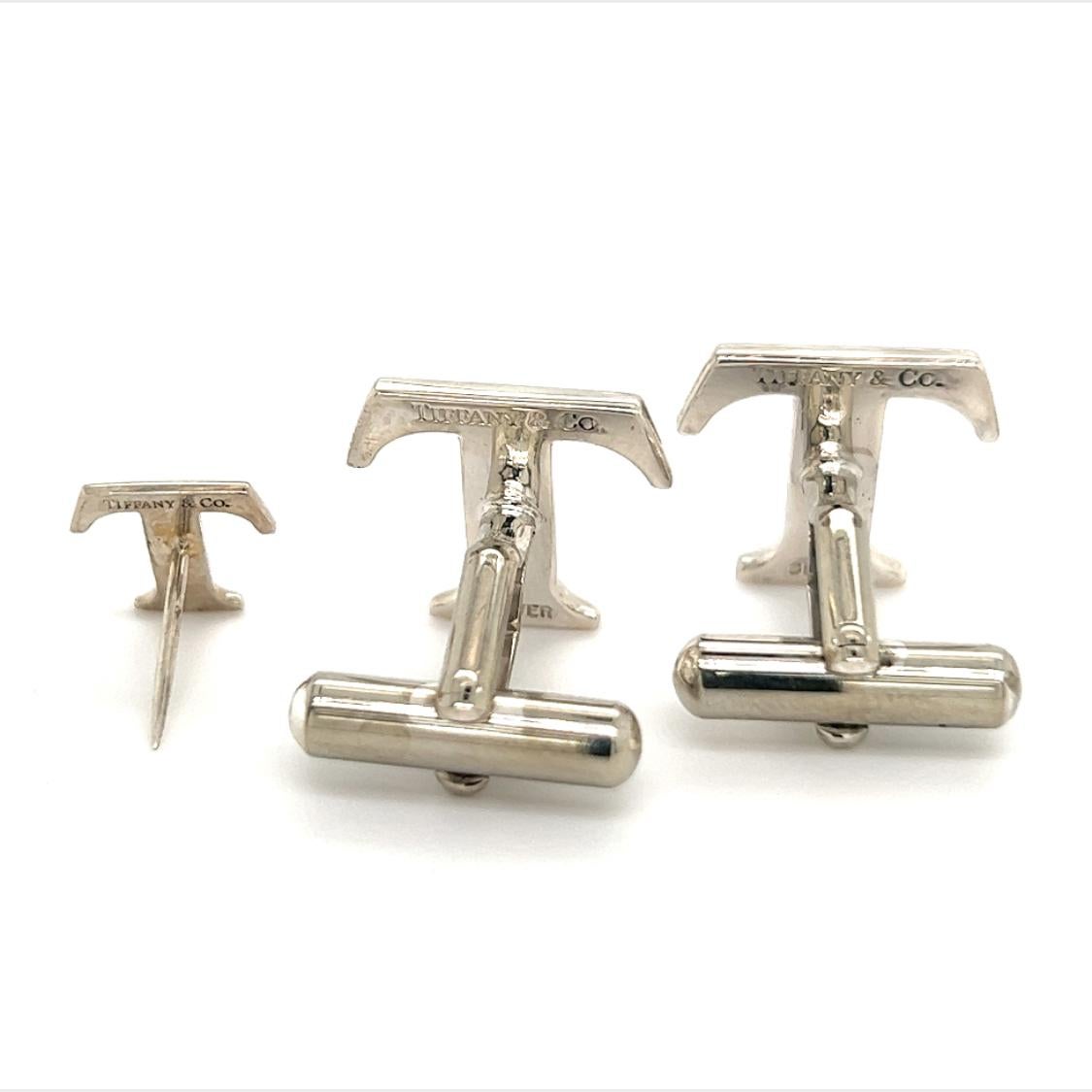 Tiffany & Co Estate T Cufflinks + Tie Pin Set Sterling Silver 1