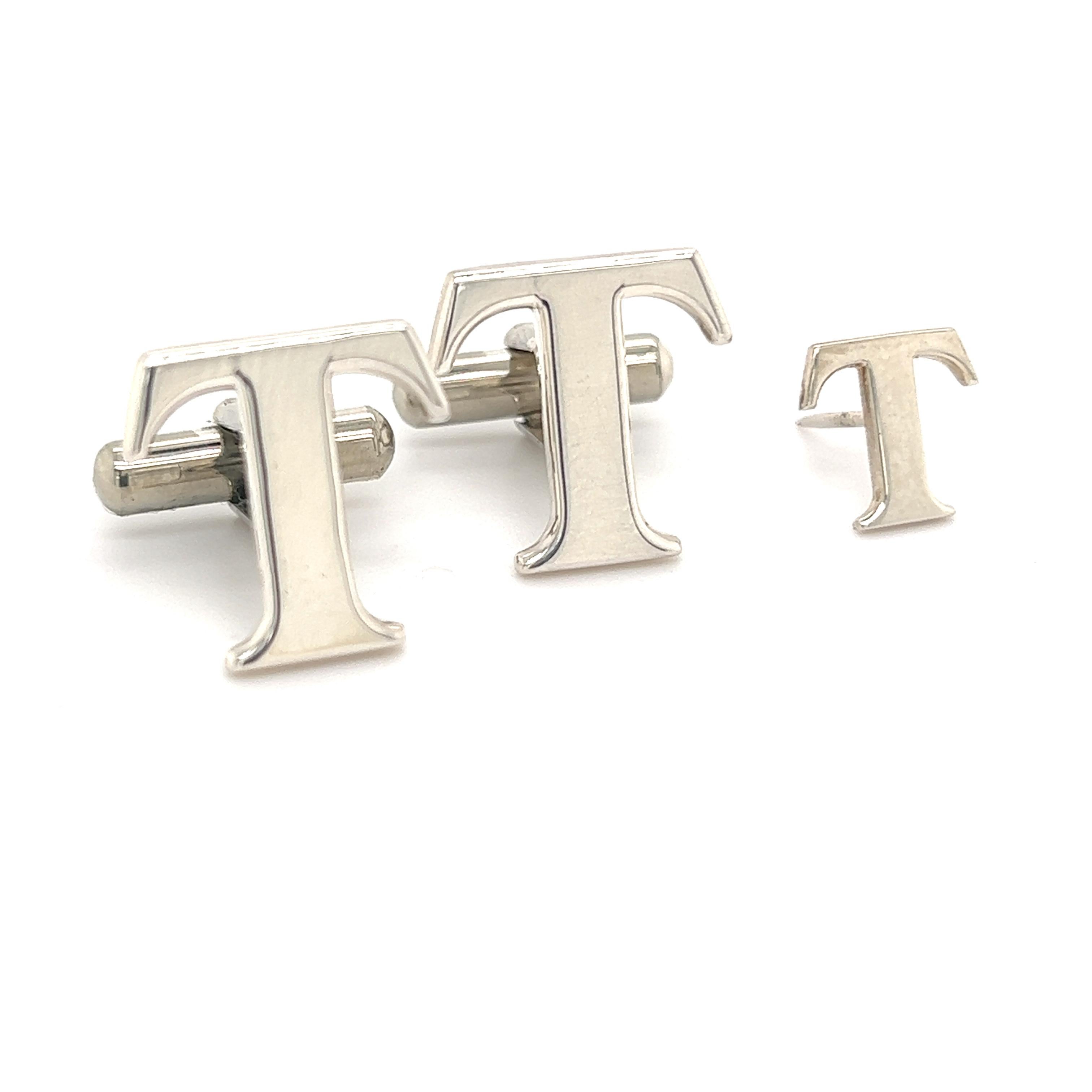 Tiffany & Co Estate T Cufflinks + Tie Pin Set Sterling Silver 2