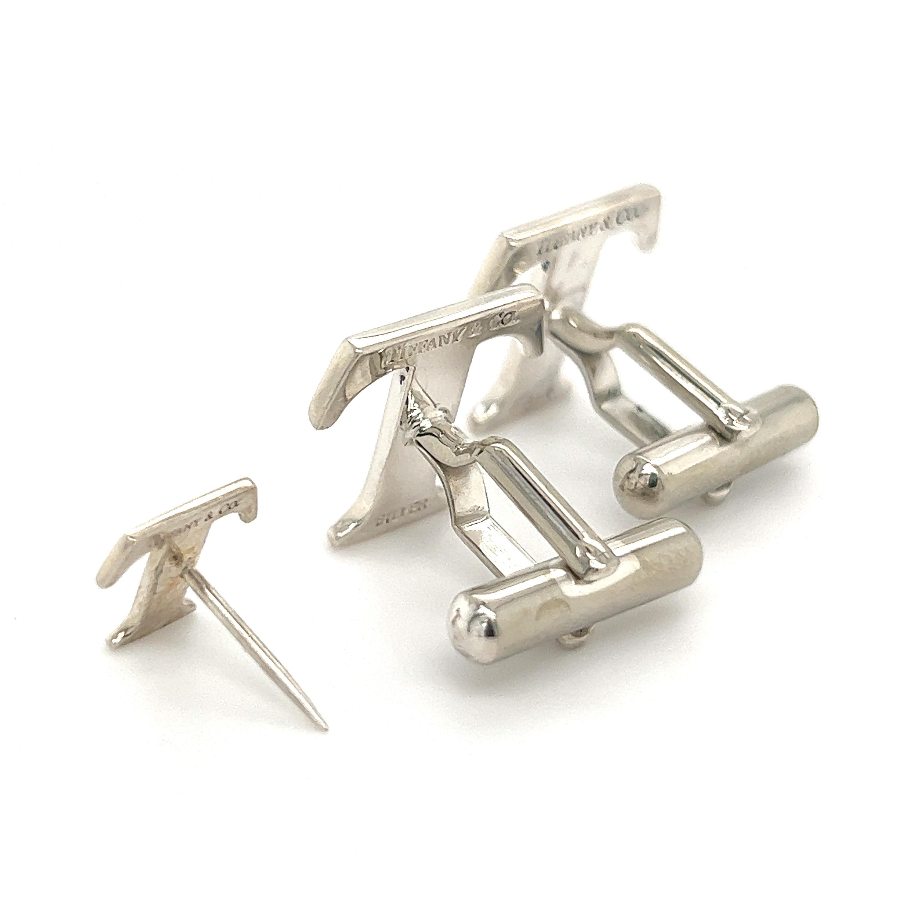 Tiffany & Co Estate T Cufflinks + Tie Pin Set Sterling Silver 3