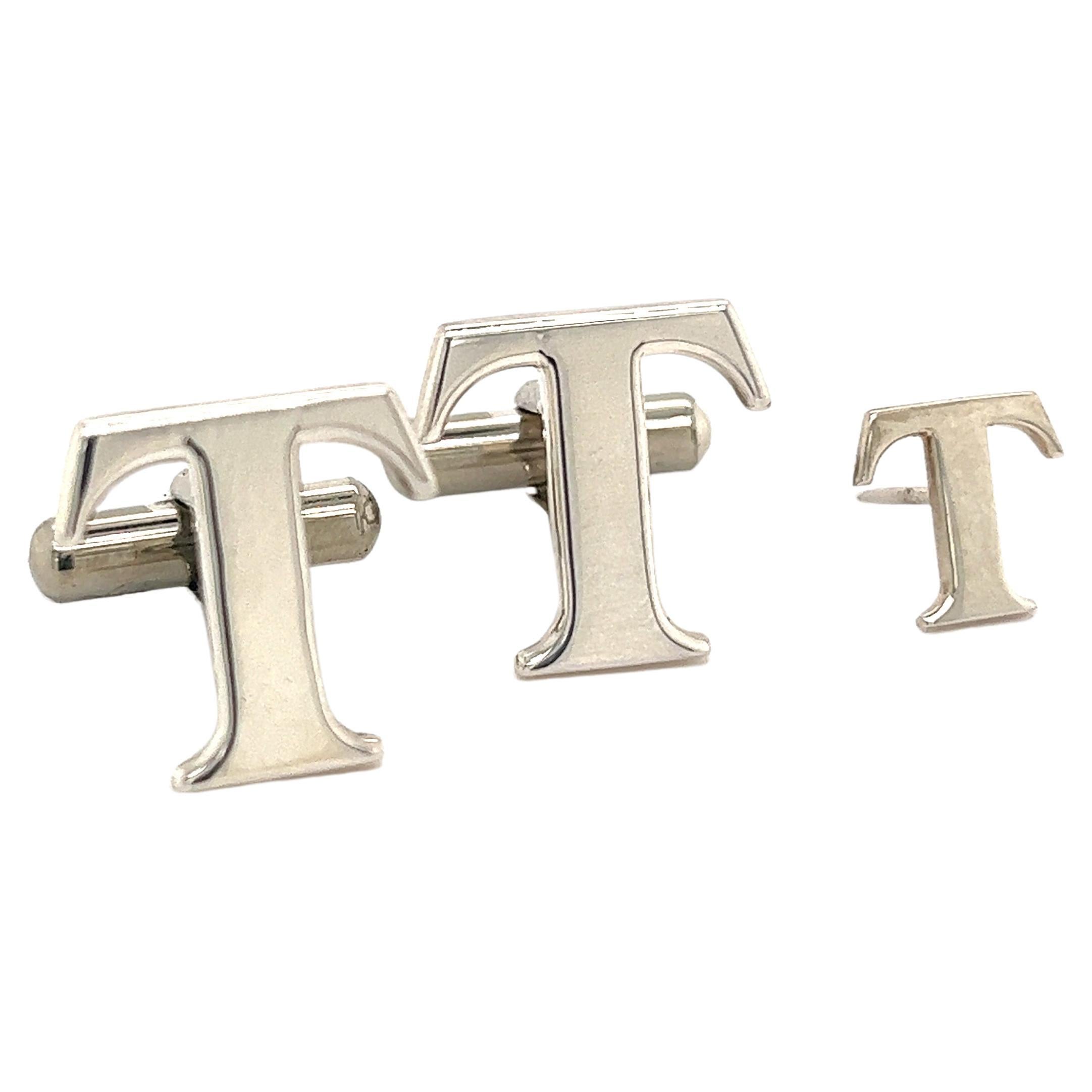 Tiffany & Co Estate T Cufflinks + Tie Pin Set Sterling Silver