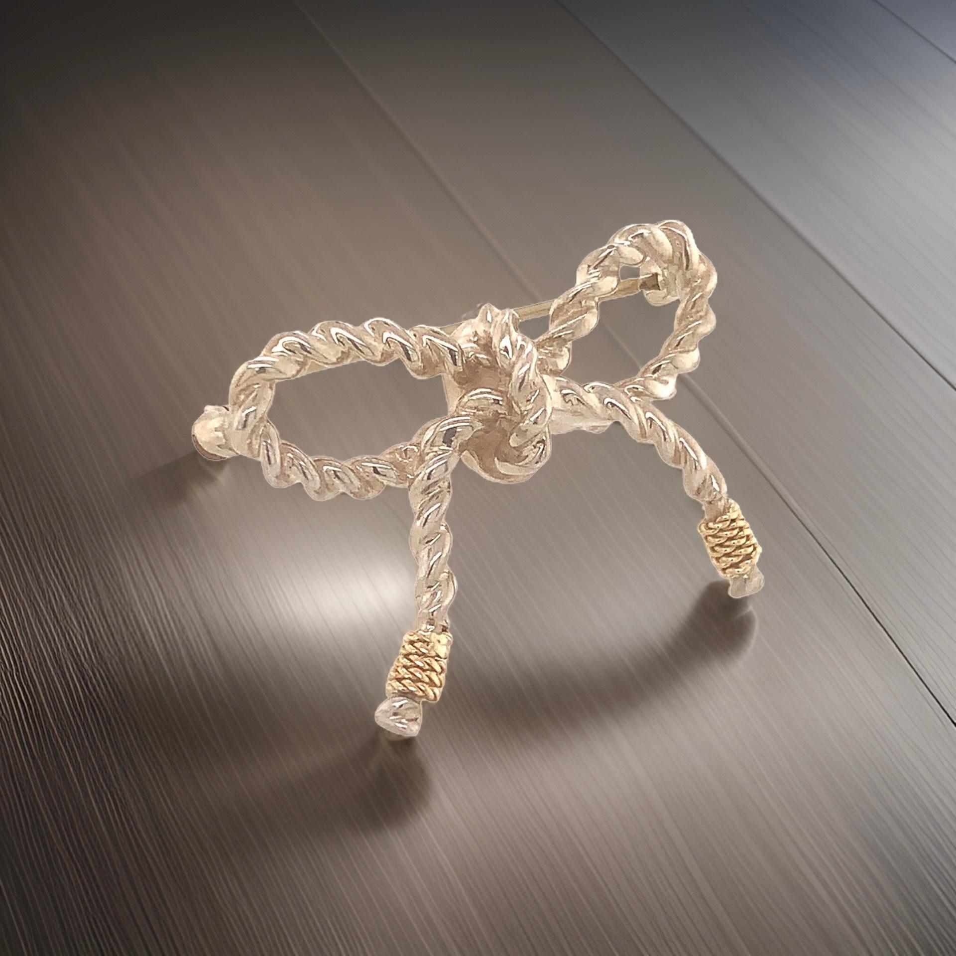 Tiffany & Co Estate Twisted Rope Bow Brooch Pin Silver + 14k Gold 5.8 Grams For Sale 1