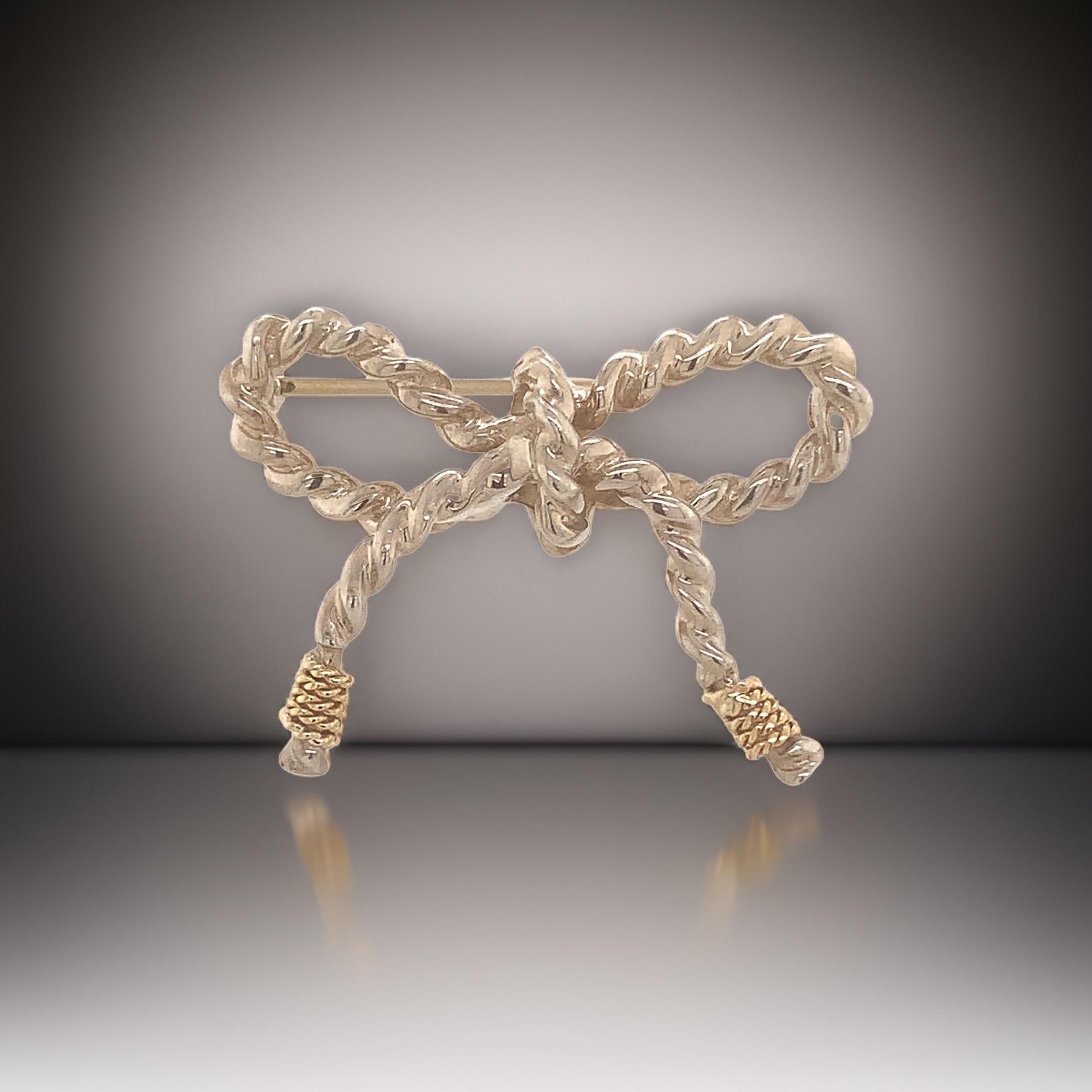 Tiffany & Co Estate Twisted Rope Bow Brooch Pin Silver + 14k Gold 5.8 Grams For Sale 3