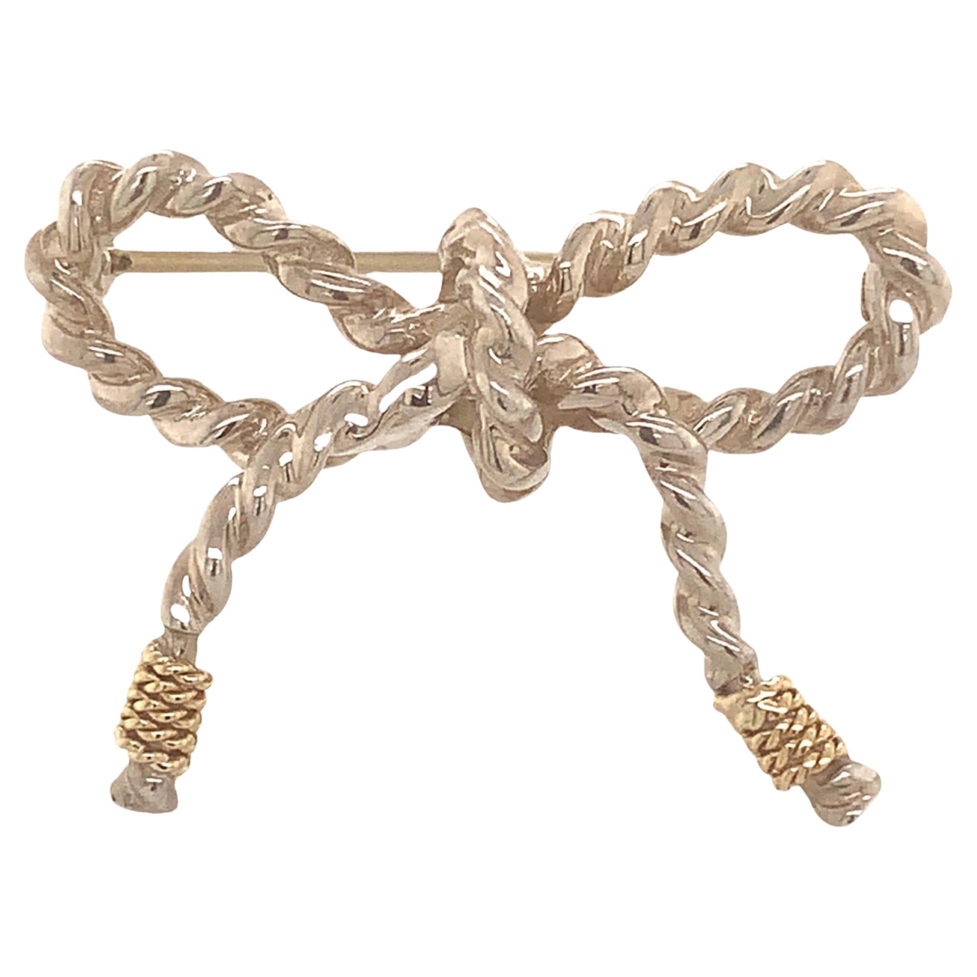 Tiffany & Co Estate Twisted Rope Bow Brooch Pin Silver + 14k Gold 5.8 Grams For Sale