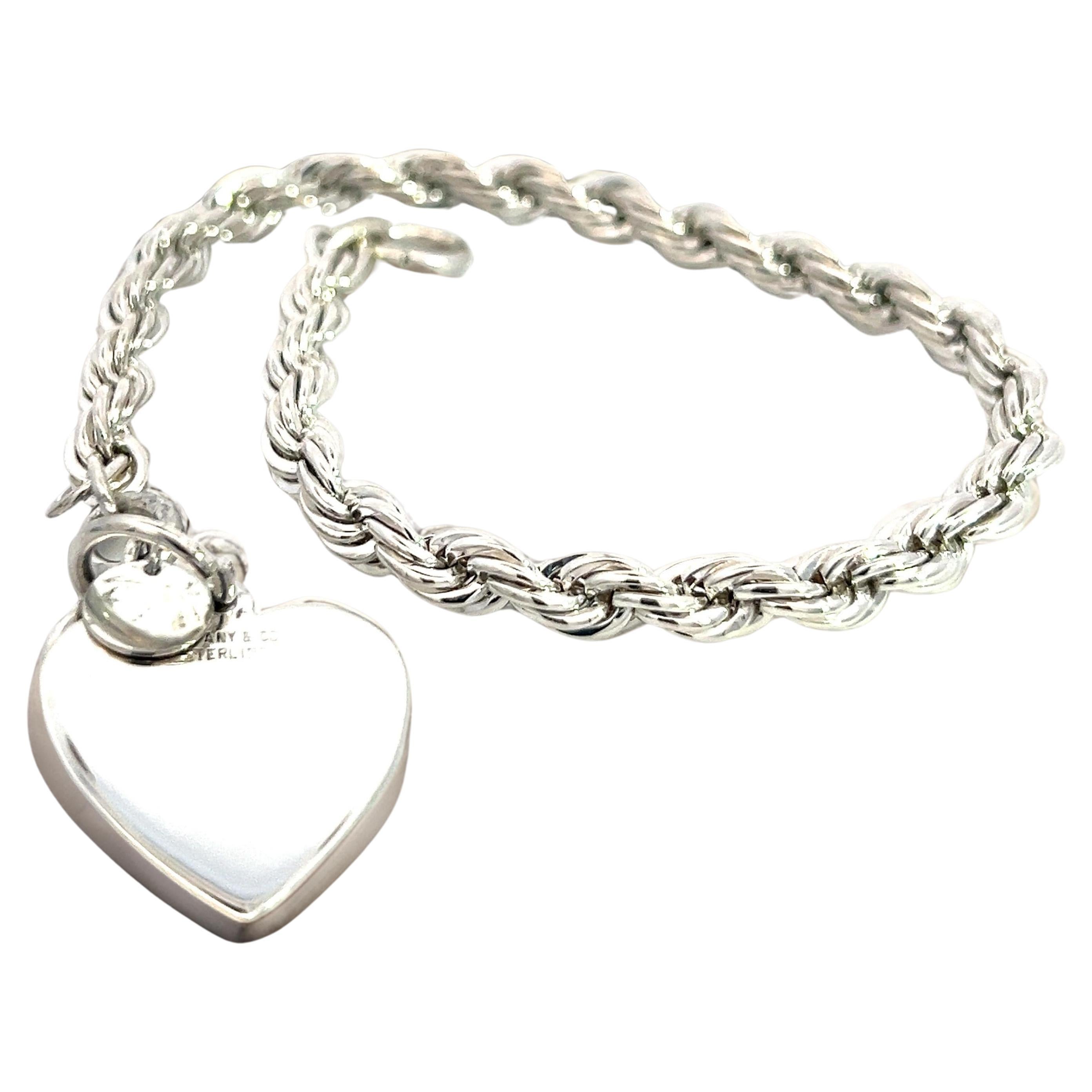 Tiffany & Co Estate Twisted Rope Bracelet With Heart 8" Sterling Silver