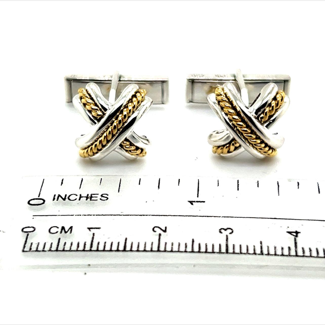 Tiffany & Co Estate X Signature Cufflinks 18k Y Gold + Sterling Silver In Good Condition For Sale In Brooklyn, NY