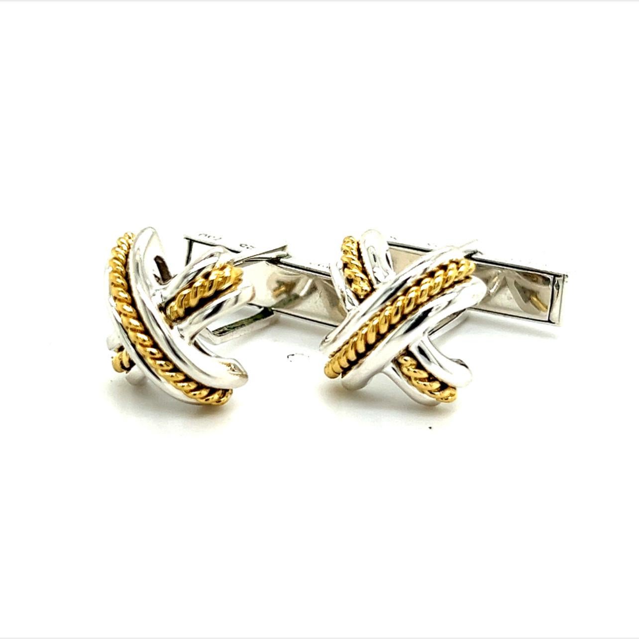 Men's Tiffany & Co Estate X Signature Cufflinks 18k Y Gold + Sterling Silver For Sale