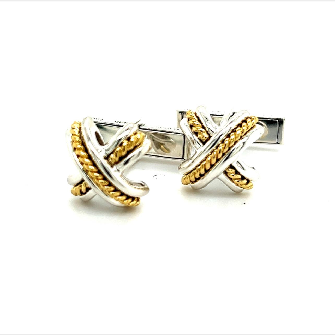 Tiffany & Co Estate X Signature Cufflinks 18k Y Gold + Sterling Silver For Sale 5