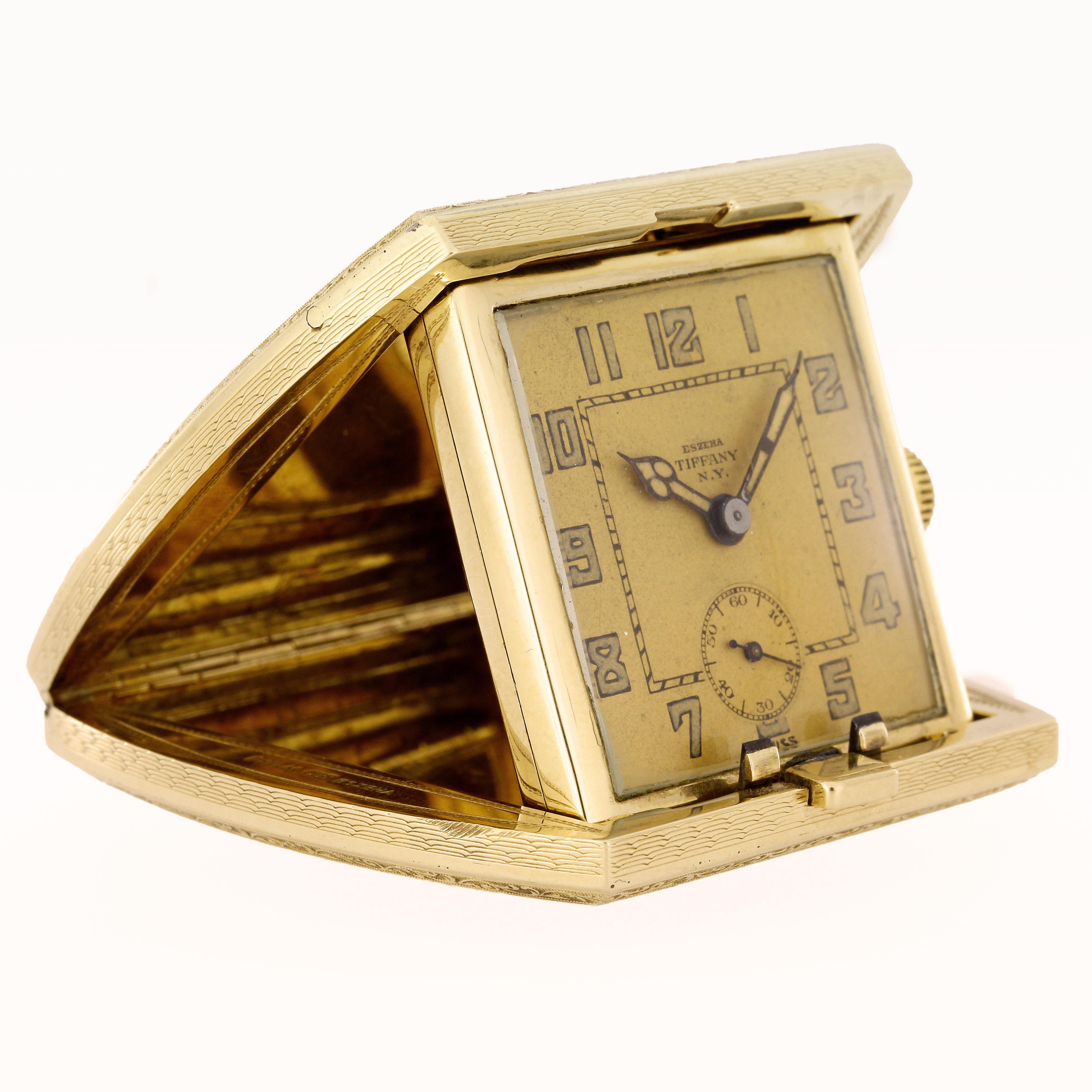 Tiffany & Co. ESZEHA Yellow Gold Travel Desk Clock, ca. 1920s 1